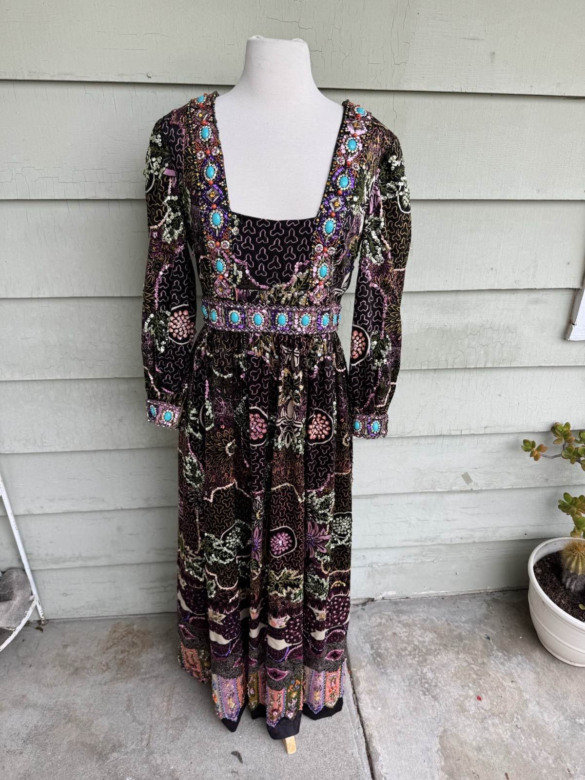 70’s Valentina Ltd Embellished Maxi Dress 12 Boho Sequin Jewels Hostess Gown 28”