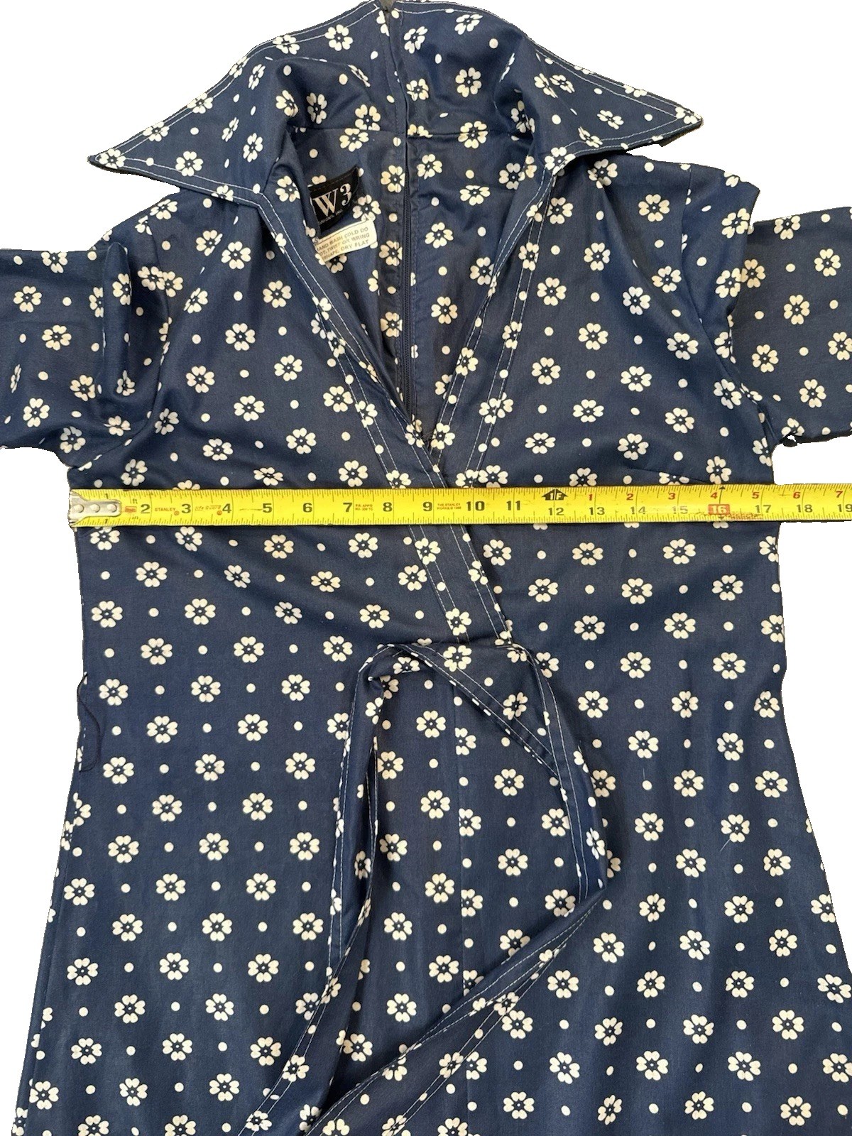 Vintage 1970s DW3 David Warren Collared Dress Navy & White Floral Belted Sz S/M