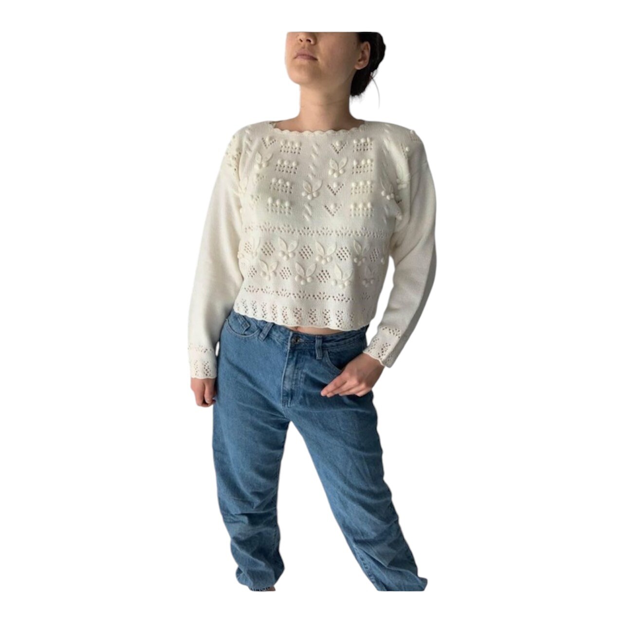 New Rare Item Vintage 80s Retro Cream Crochet Floral Sweater Medium
