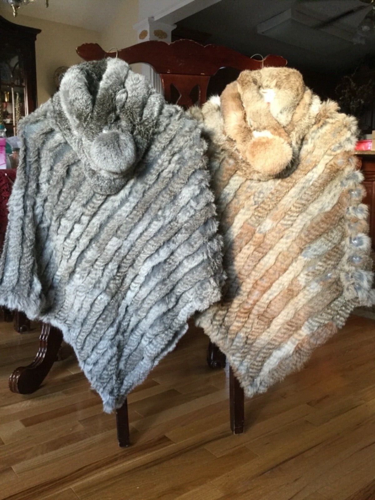 Rabbit FUR PONCHO Shawl Pullover HIPPIE BOHO COWGIRL, Tan or Grey