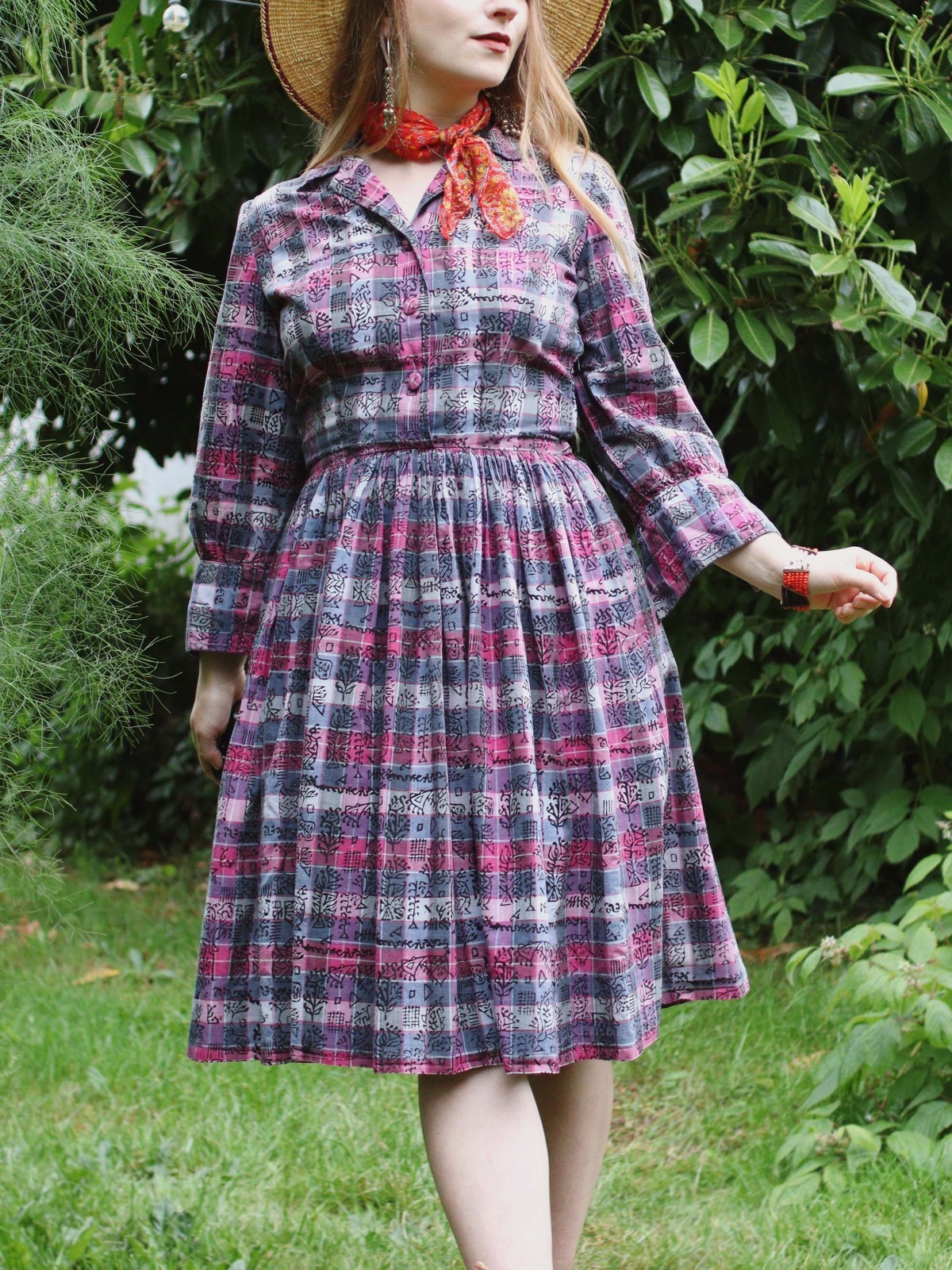 VTG 1950s Shirt Dress Madras Plaid Cotton Indian Tapestry Block printed Collared