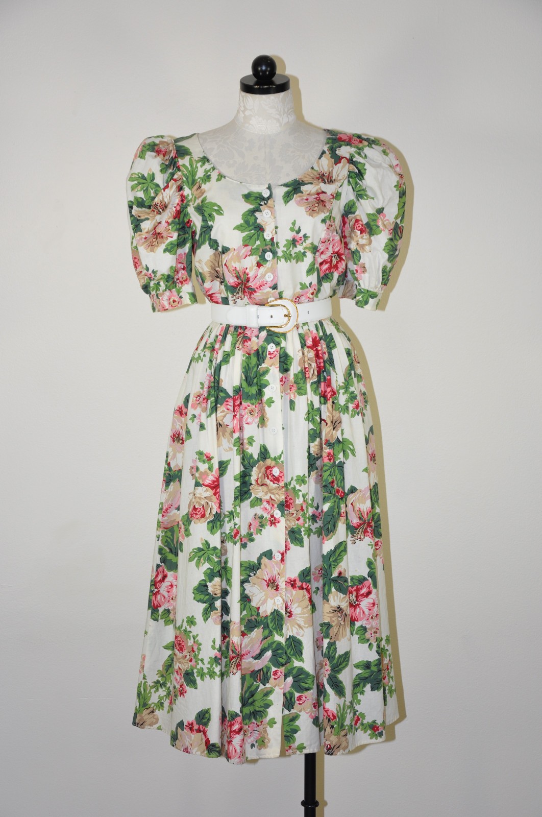 80s Vintage Pink Green Hibiscus Floral Puff Sleeve Romantic Midi Dress Women M L