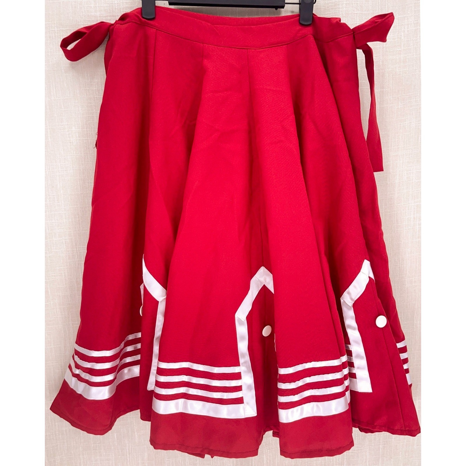 Red White Sailor Ribbon Trim Circle Skirt Medium Nuevo Leon Retro Rockabilly Tie