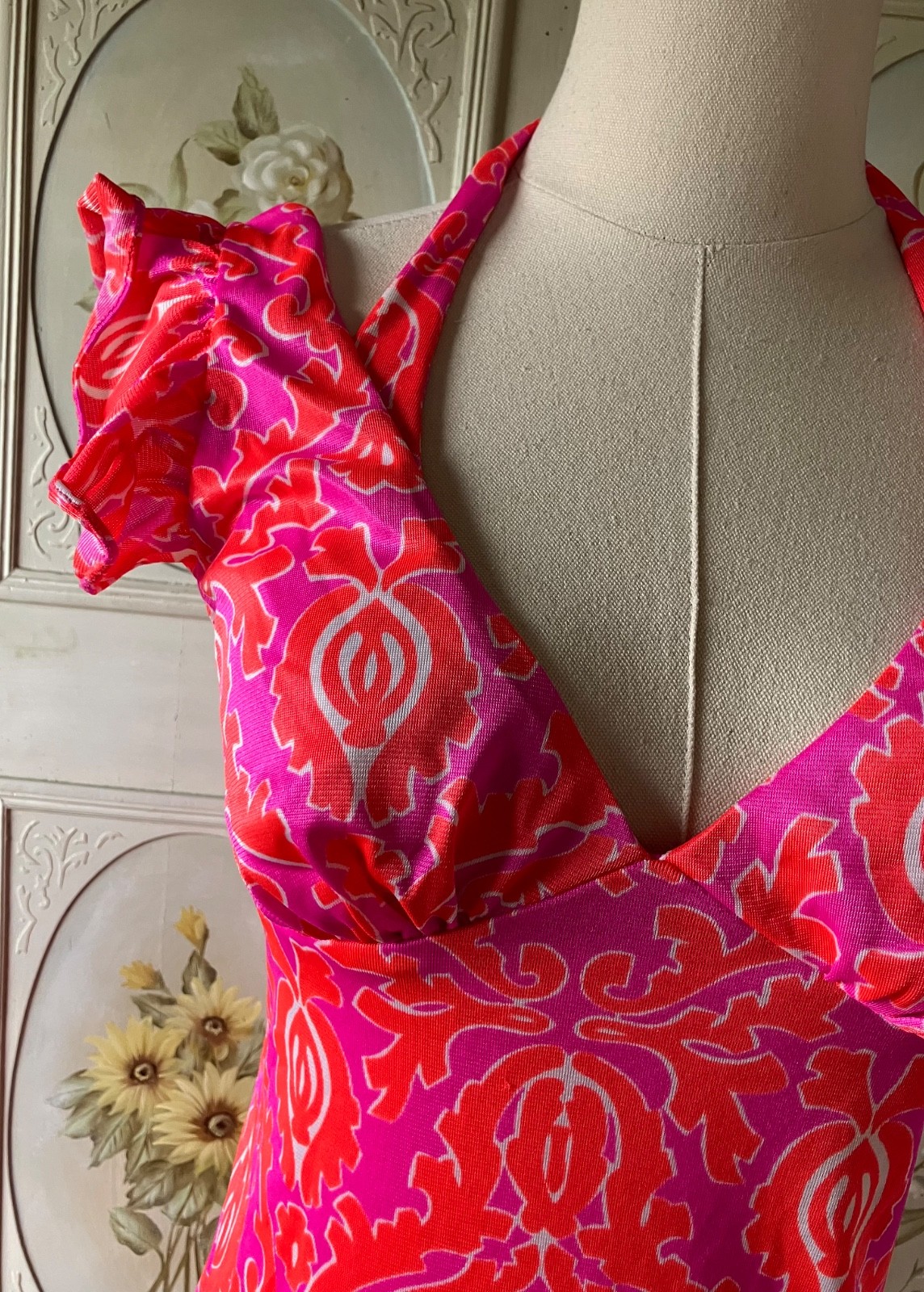 VTG 60s JC PENNEY PSYCHEDELIC 3 PIECES HOT PINK+ORANGE BIKINI+DRESS USA 9/32 EUC