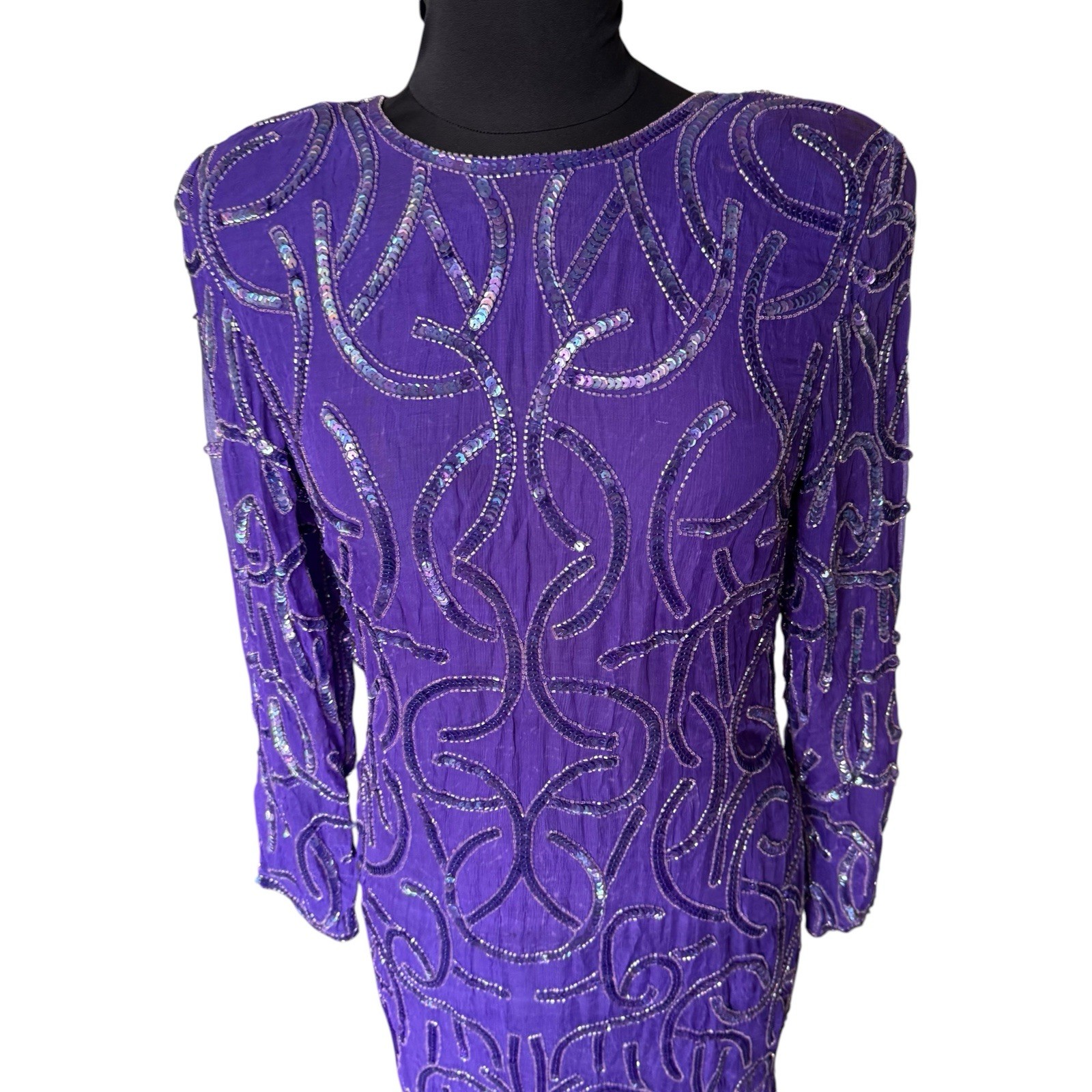 Vintage Carina Purple 100% Silk Beaded Long Sleeve Mini Dress