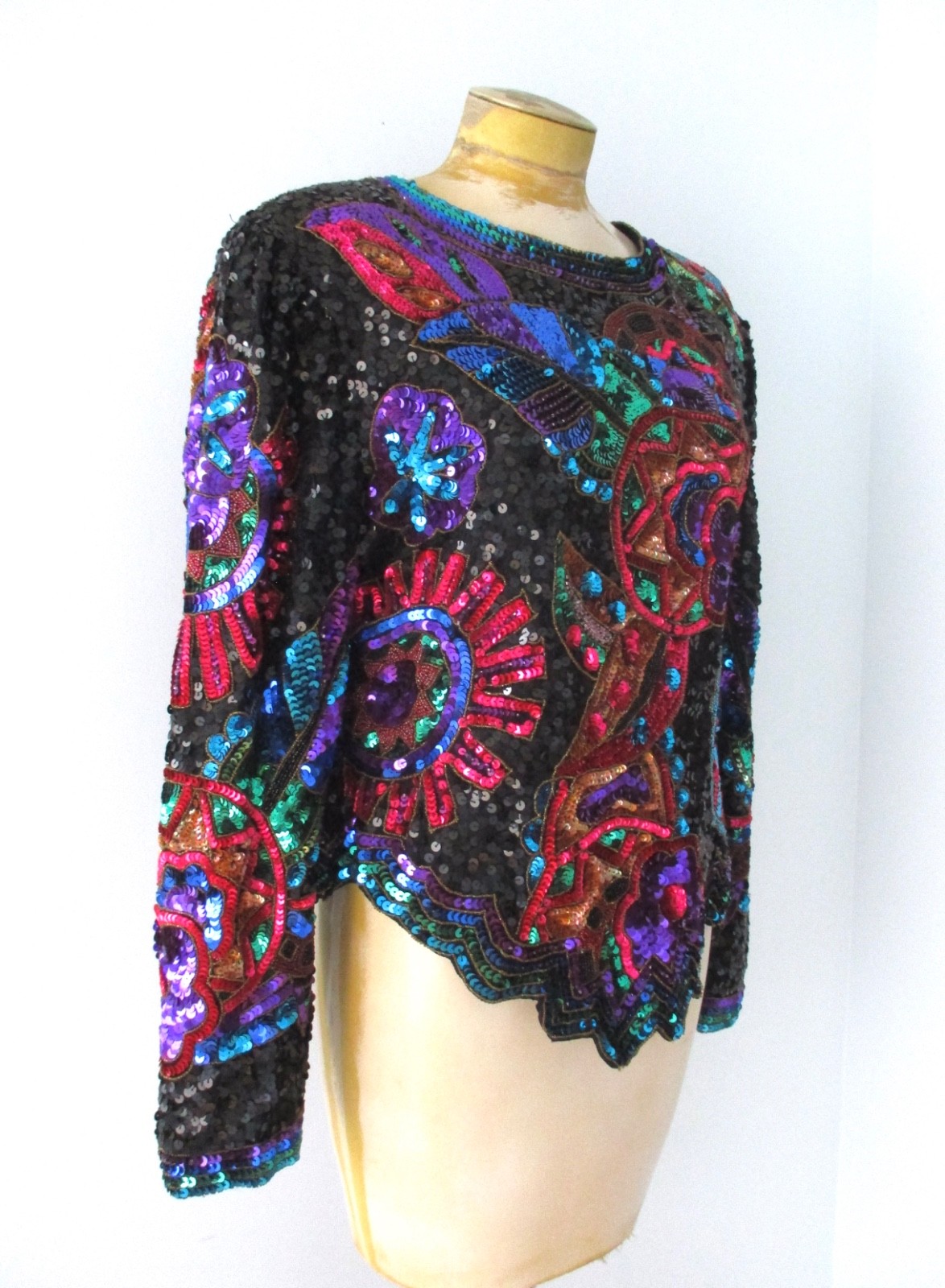 Vtg 80s Laurence Kazar full sequin rainbow evening peplum top big shoulders XL