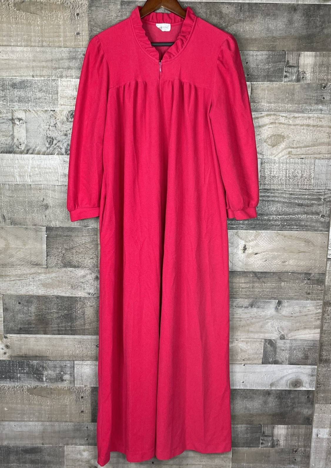 Vtg 60s Hot Pink Magenta Lorraine Warm Nightgown 3/4 Sleeve Grandmas Nightshirt