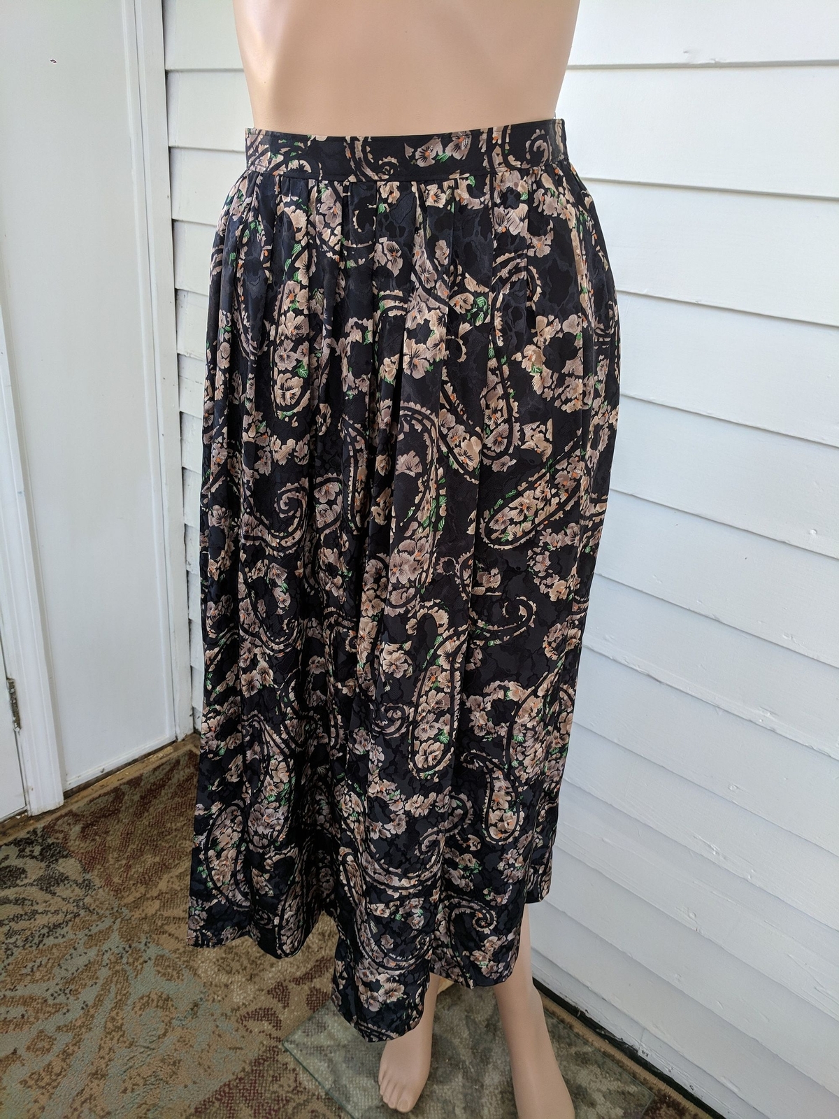 Vintage 80s Brownstone Studio Black Paisley Skirt with Beige Floral Blouse S