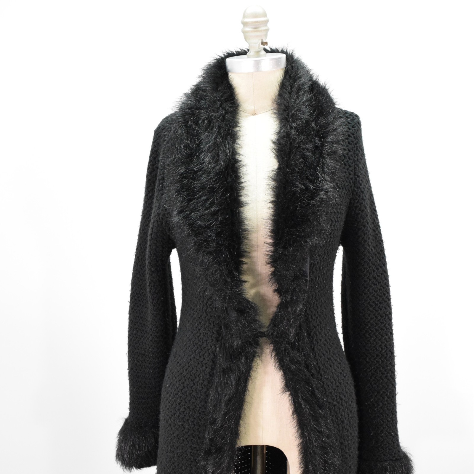 Vintage 90s Y2k Sweater Duster Faux-Fur Trim Midi Cardi Coat Knit Jacket