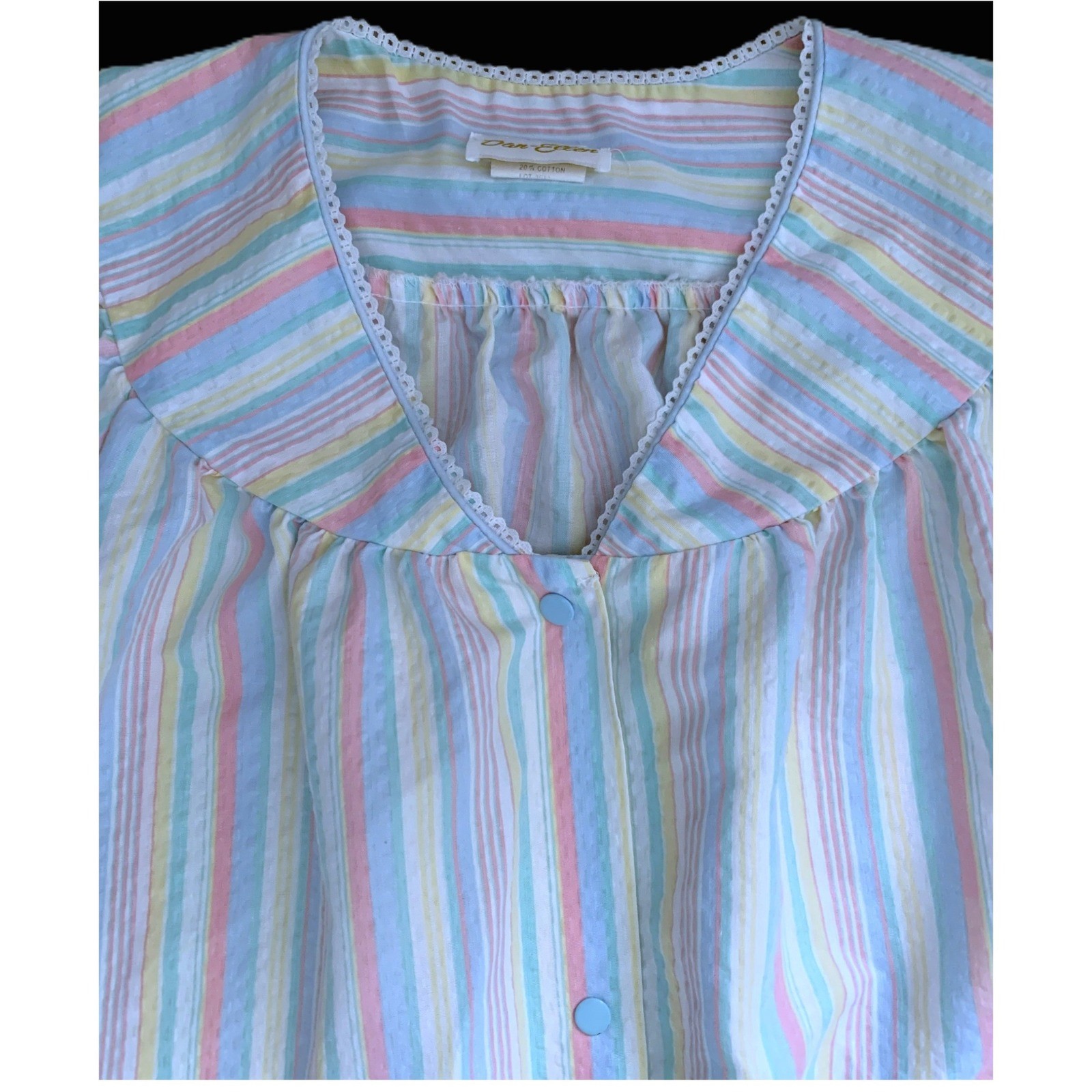Pastel Stripe SEERSUCKER SNAP-FRONT LOUNGER Dan-Ellen Housecoat Dress 38 Vtg 70s