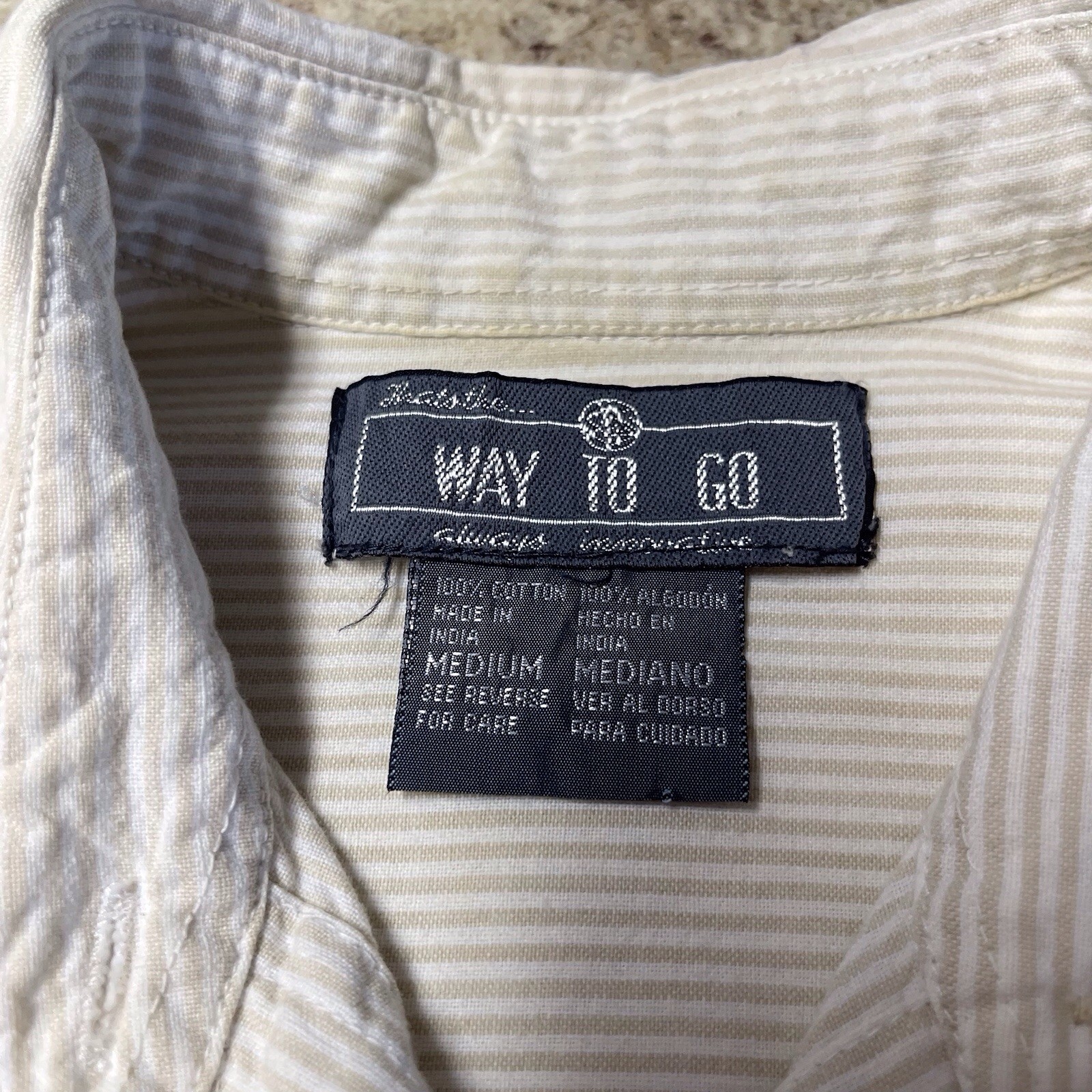 Vintage Way To Go Playful Cats Top Beige Stripe Button Up Women’s Short Sleeve