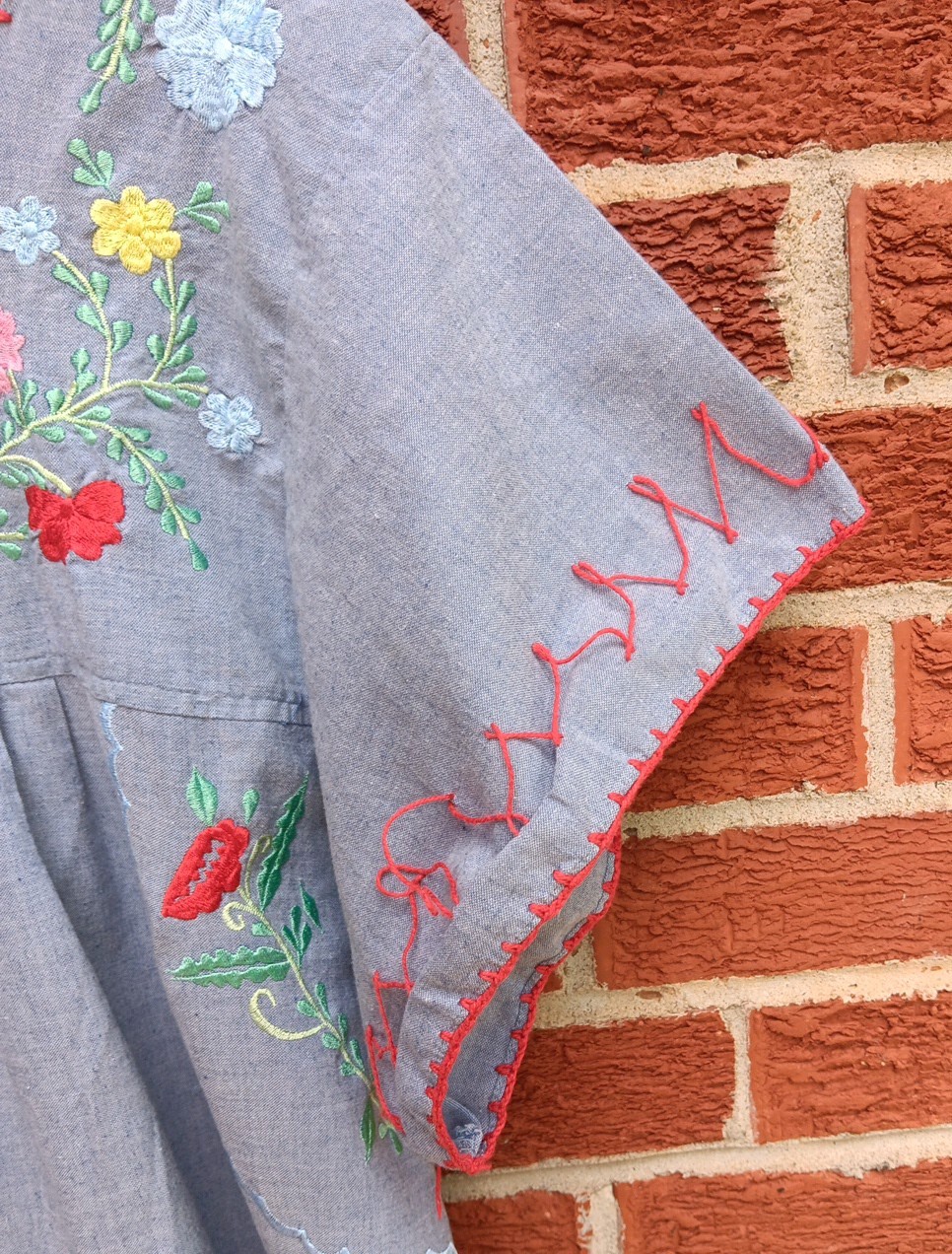 Vintage Advantique House Dress Muumuu L Floral Embroidered Denim Granny Core