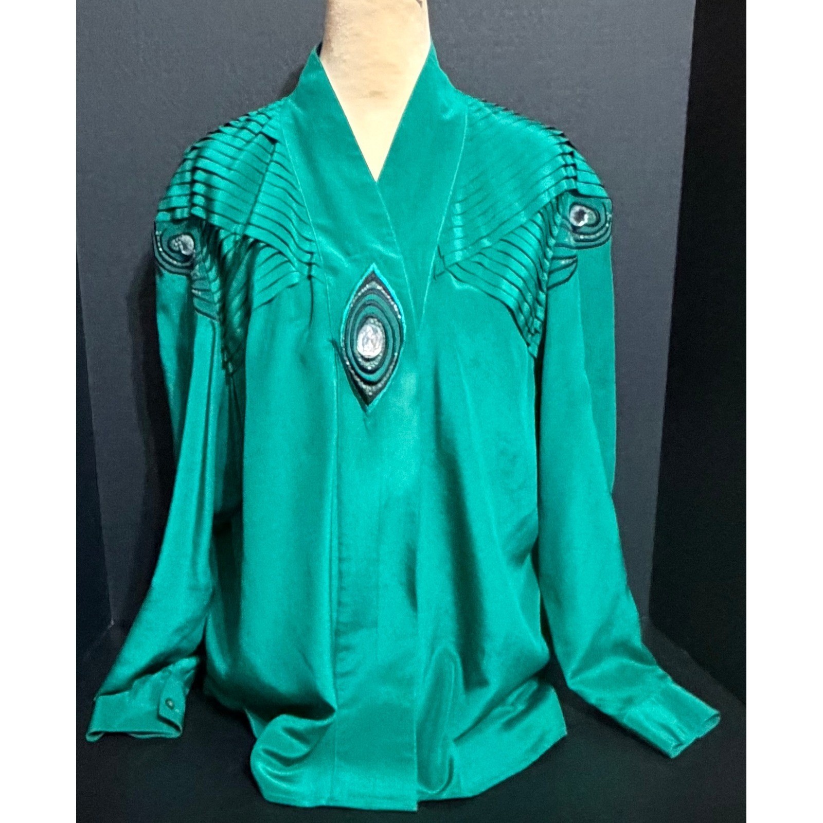 I.B. Diffusion 80s Emerald Green Silk Embellished Abstract Peacock VTG Top Sz 10
