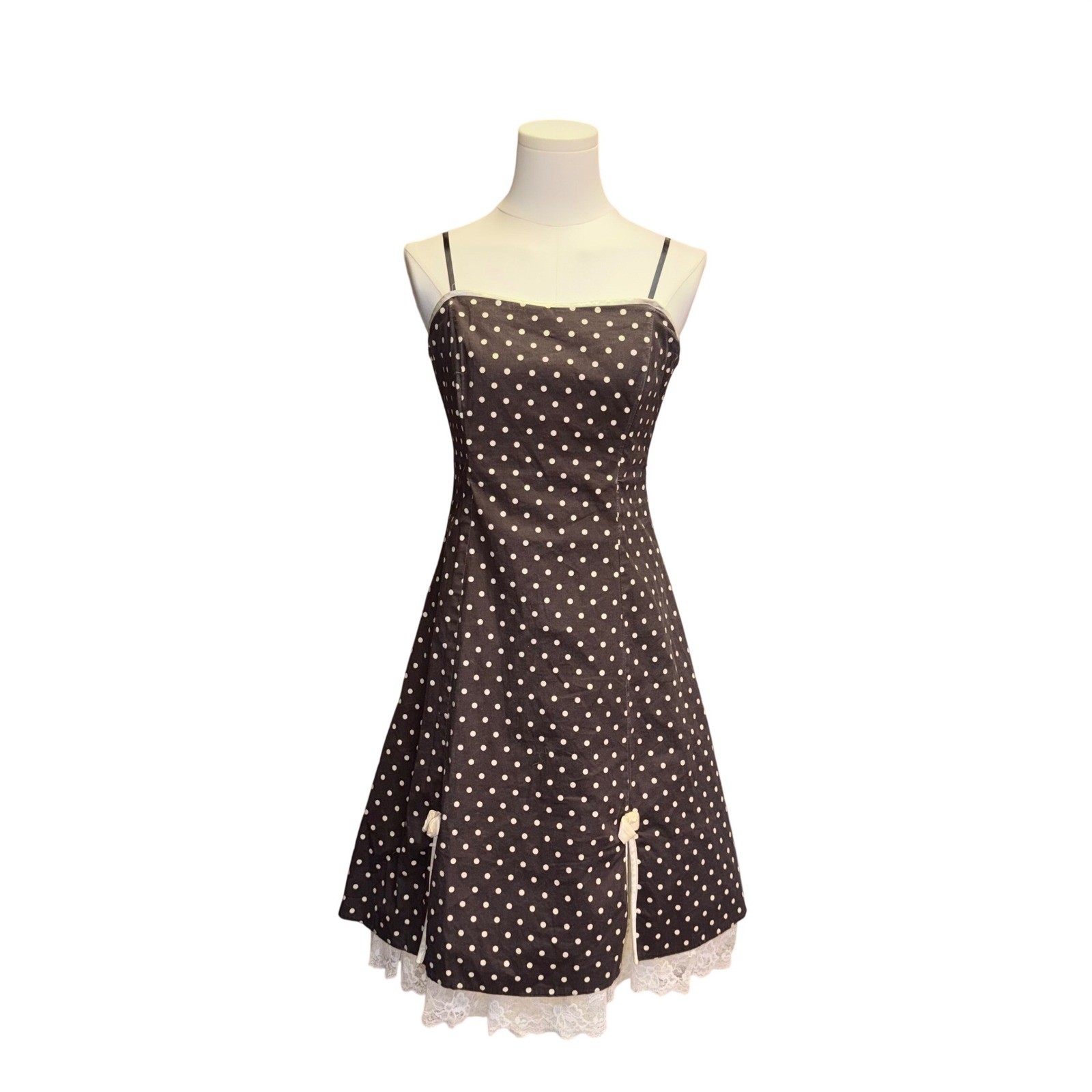 Vintage I.N. San Francisco Y2K Polka Dot Dress Bow Lace Hem Brown White Size 11