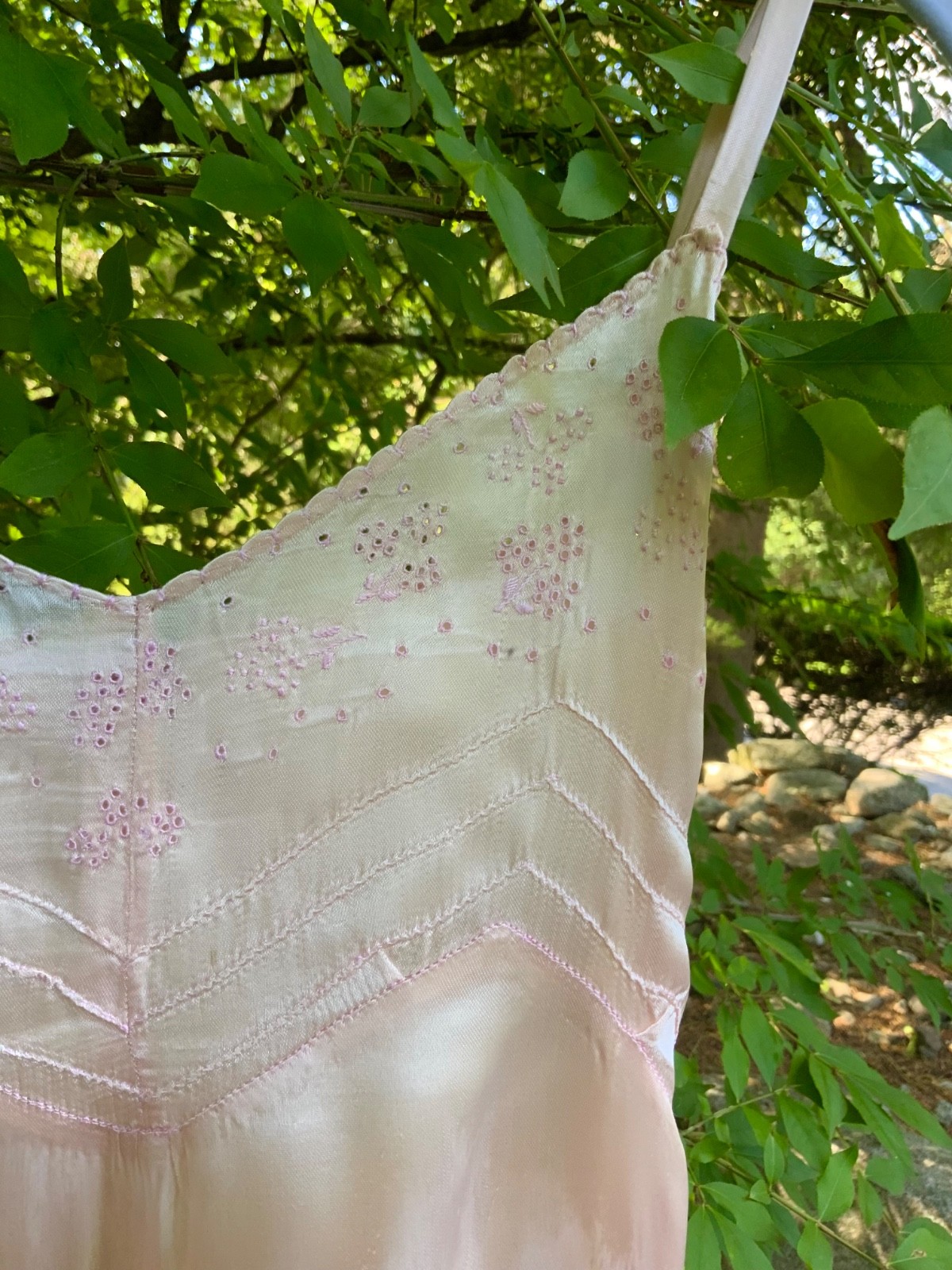 Rare 1930s Blush Pink Satin Boudoir Gown with Embroidery & Ribbon Sash-30DA