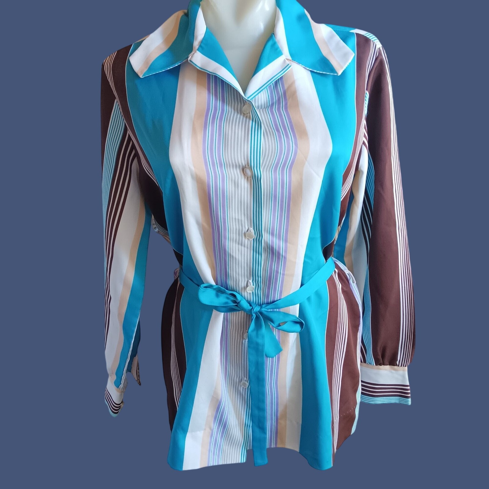 True Vintage Medium Belted Top 1970’s Graff Polyester Blue Brown Striped Brady