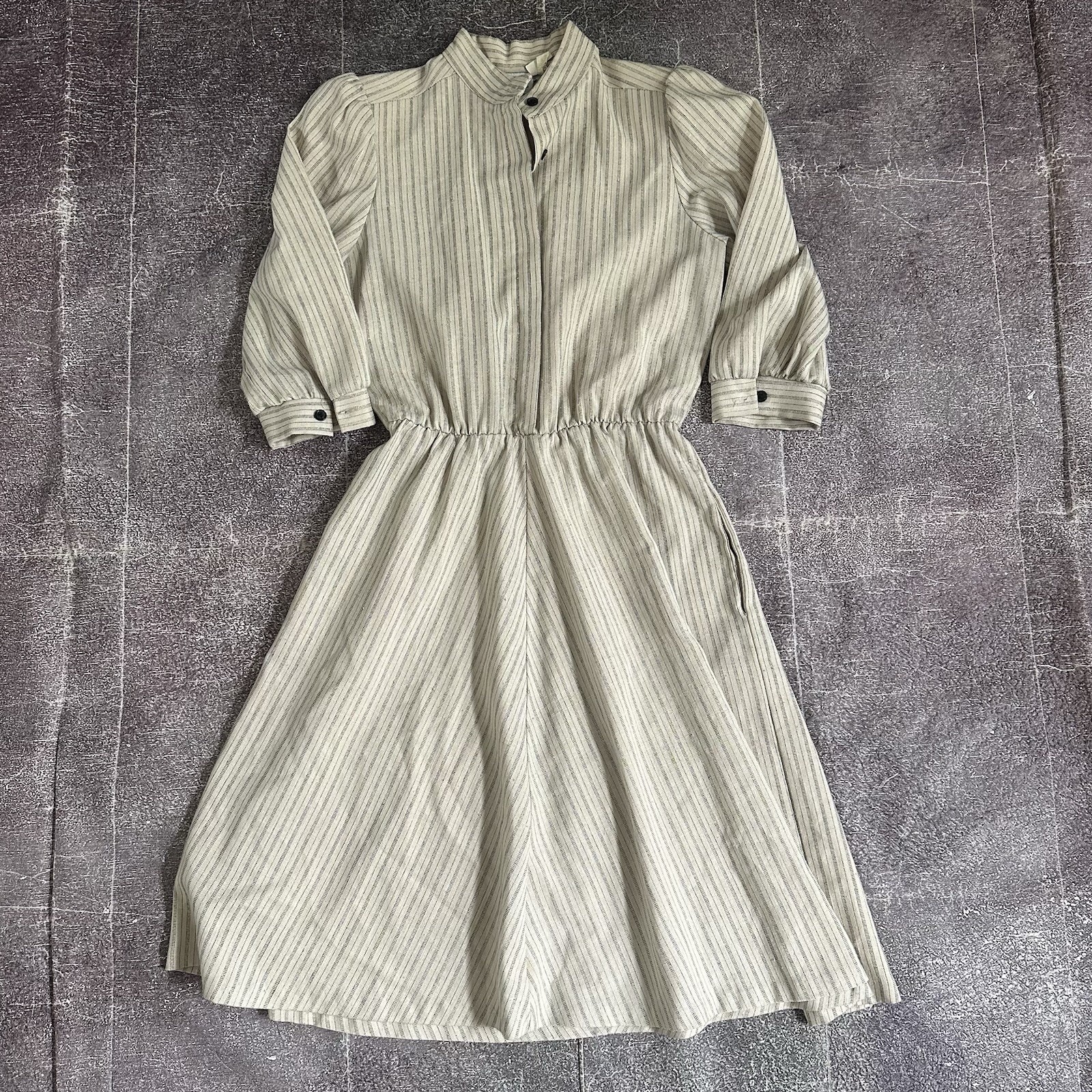 Women’s Vintage 70s VLP Union USA Made CottageCore Midi Beige Stripe Dress Sz 12