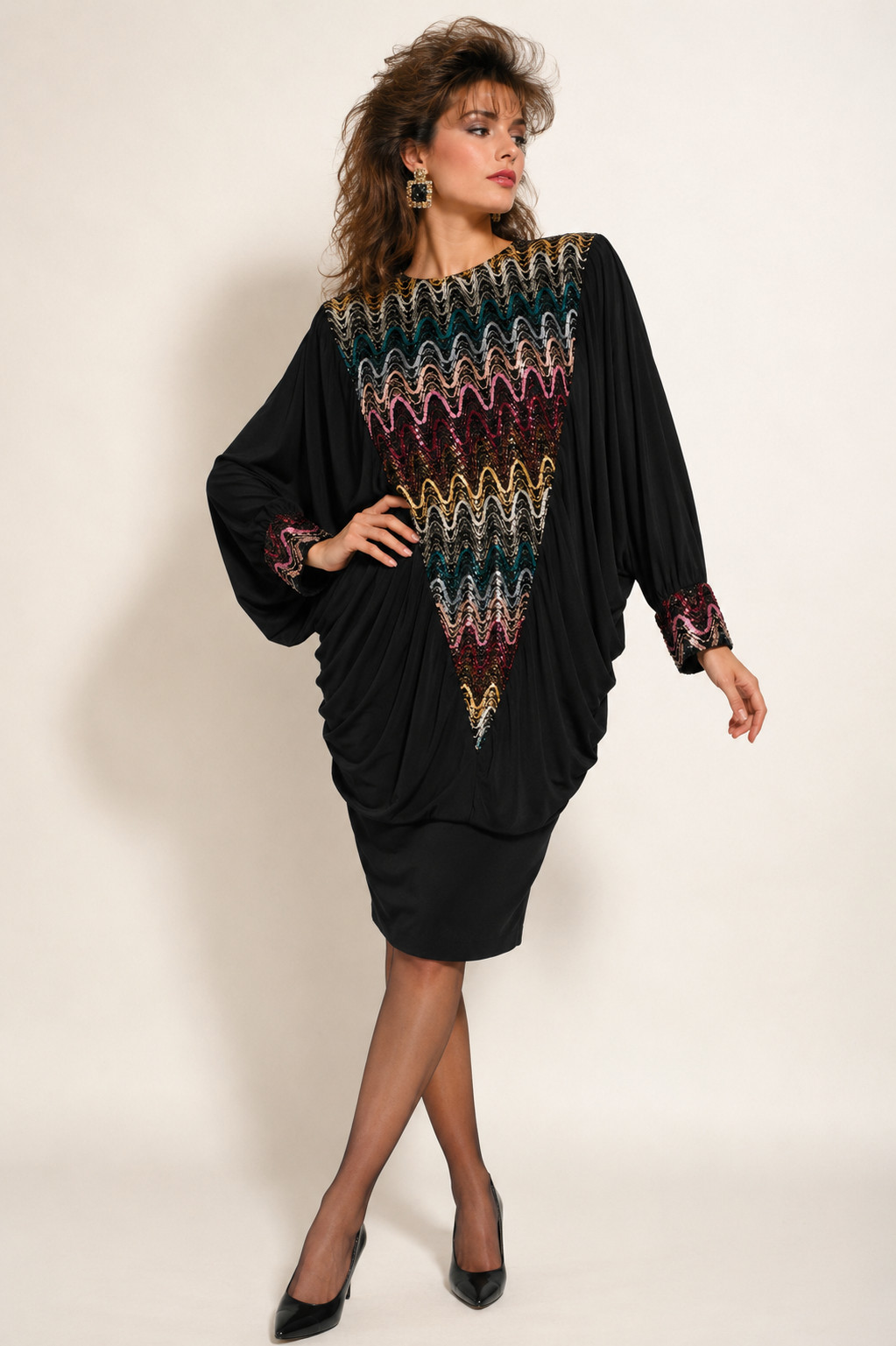80s Sequin Dress Vintage Glam Rock Disco Party Batwing Dynasty Vibes! Sz Large L