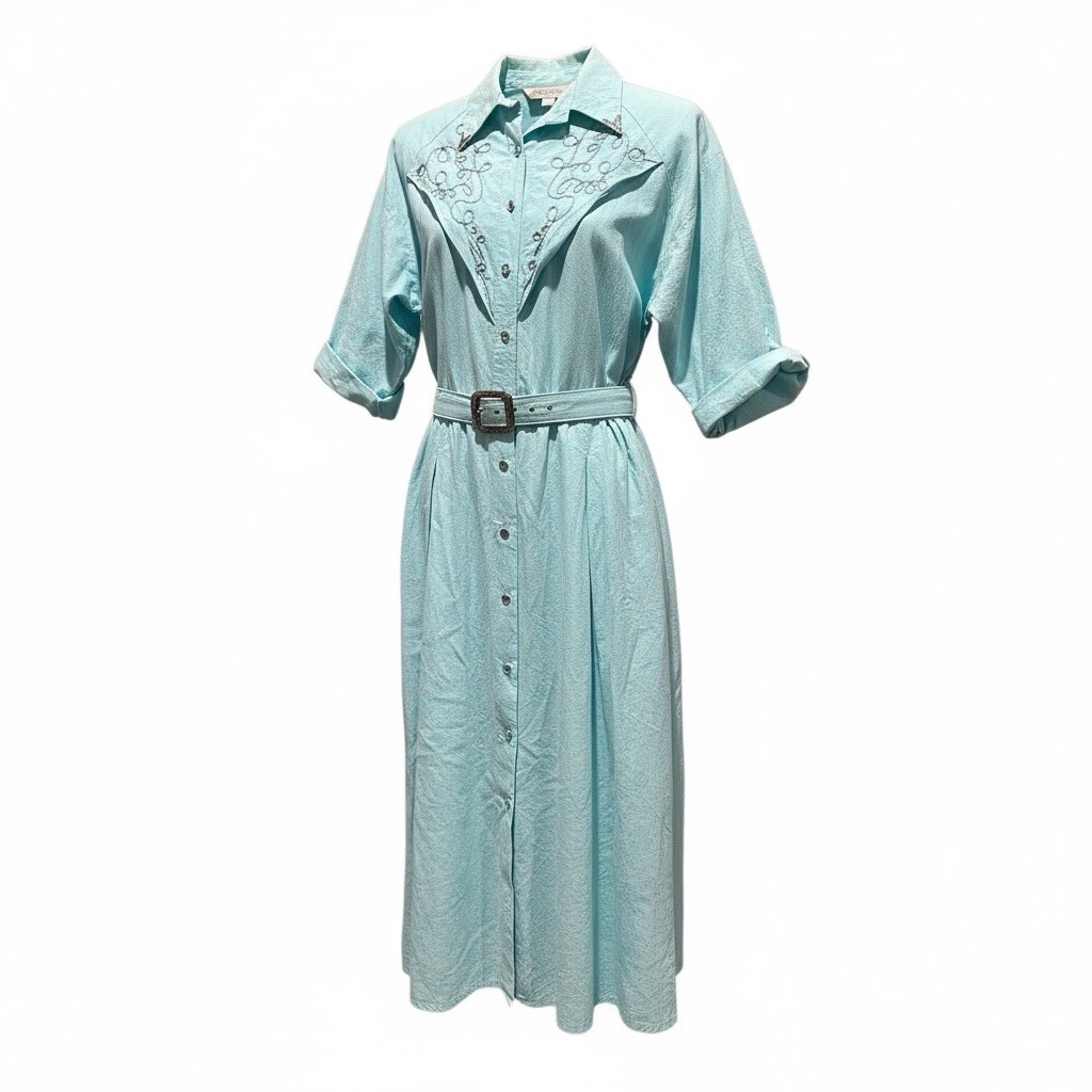 Vintage Western Rodeo Cowgirl Dress Rockabilly Midi Cotton Cosplay Blue Sz 7/8