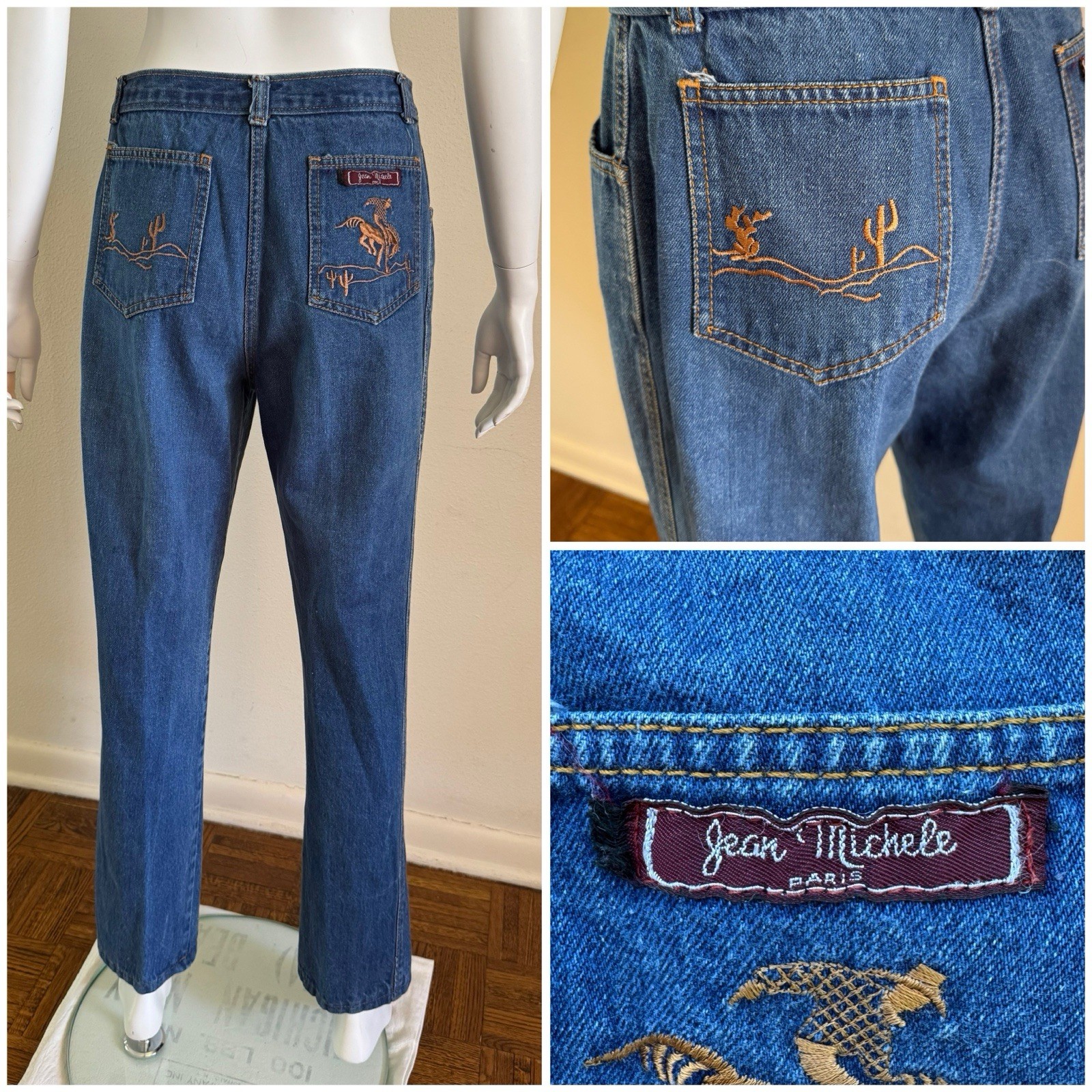 70s Vtg Jean Michele Paris Western Cowgirl Denim Jeans W 27 L 30 Embroidered