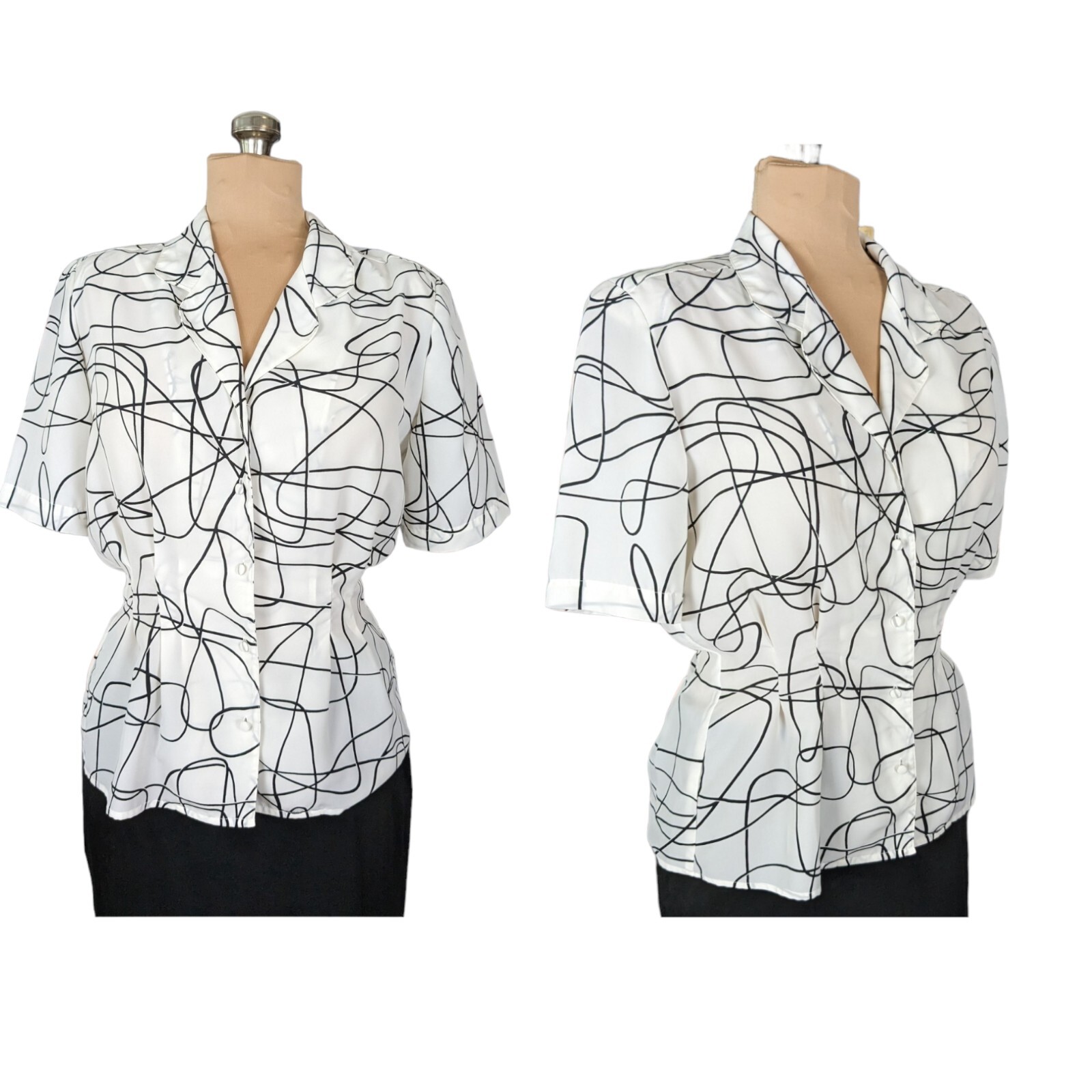 Vtg 80s M/L Lloyd Williams Black White Abstract Blouse Art to Wear New Wave Work