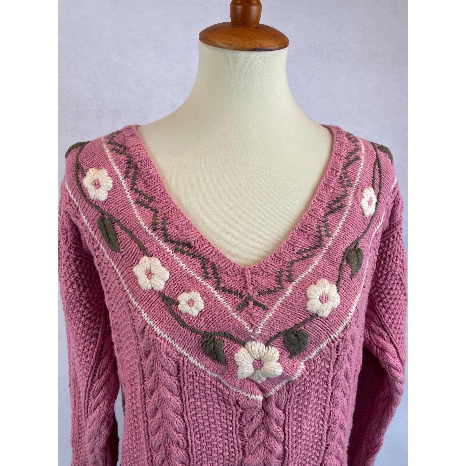 Vintage 80s 90s Melbourne Country Sweater Pink V Neck Floral Hand Knit Size M