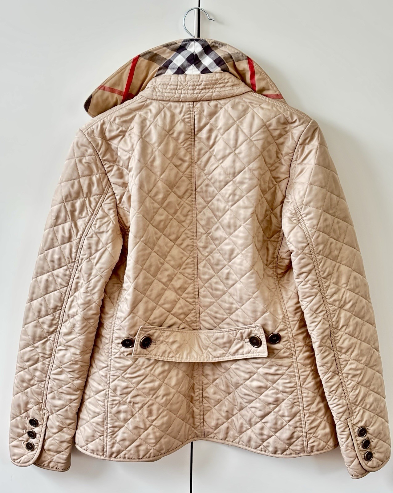 Burberry Brit Tan Quilted Jacket Size PS Vintage Plaid Logo on Buttons