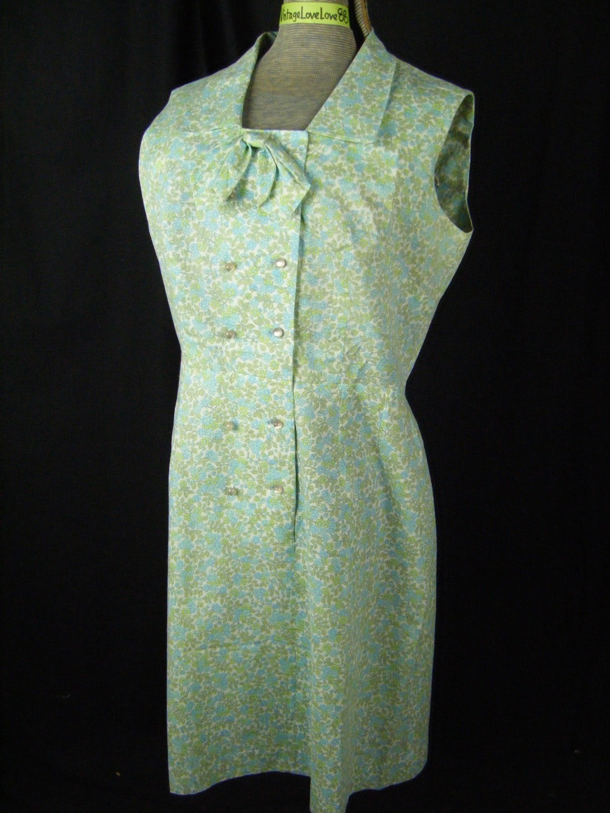 PAT PERKINS Vtg 50s Blue Green Floral Bow Sleeveless Summer Dress-Bust 41/S-M