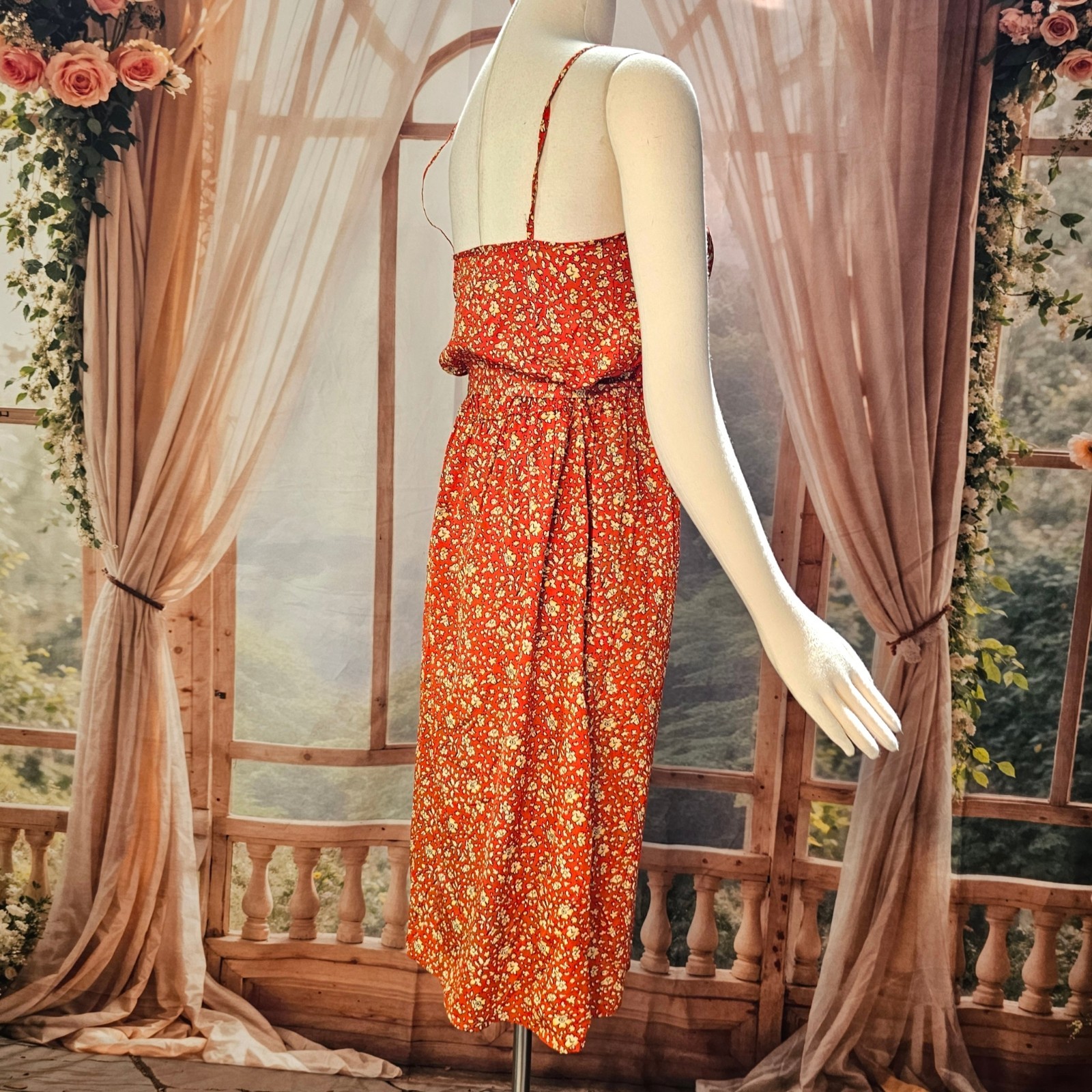 Vintage 1970s Dress Sundress Spaghetti Straps Tie Belt Red Cream Floral Boho