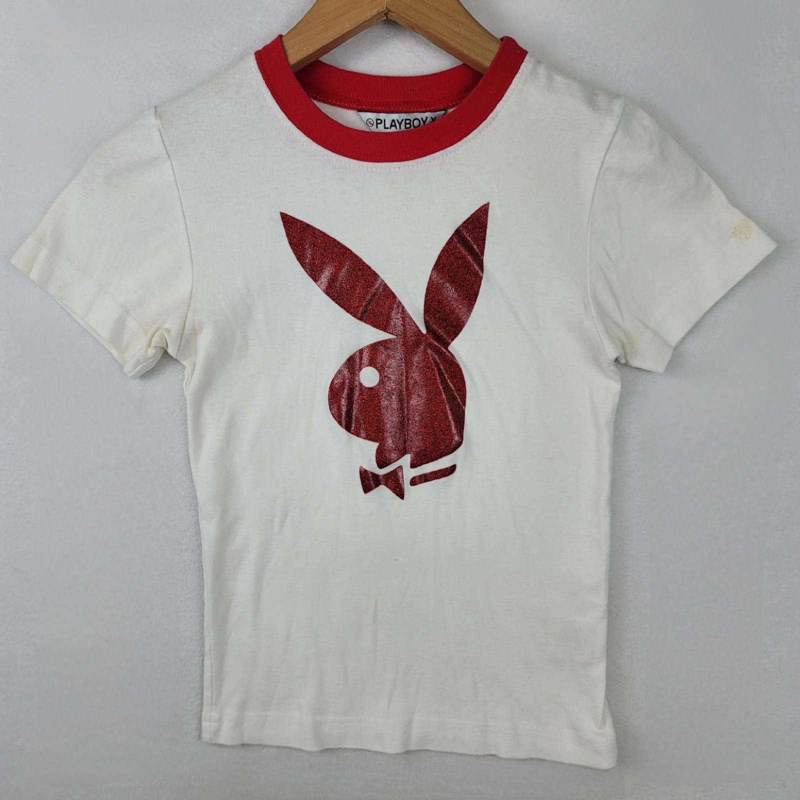 Vintage Playboy Women White Red Ringer T-Shirt Glitter Bunny Logo 25-347 Small