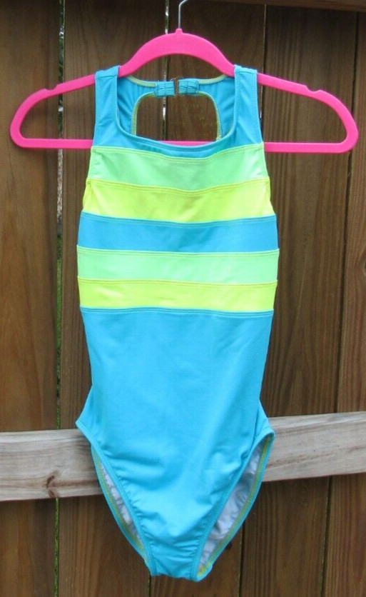 VM Sport 1 piece Women’s Swimsuit 80s 90s vibe w/ Bright Neon green/yellow/blue