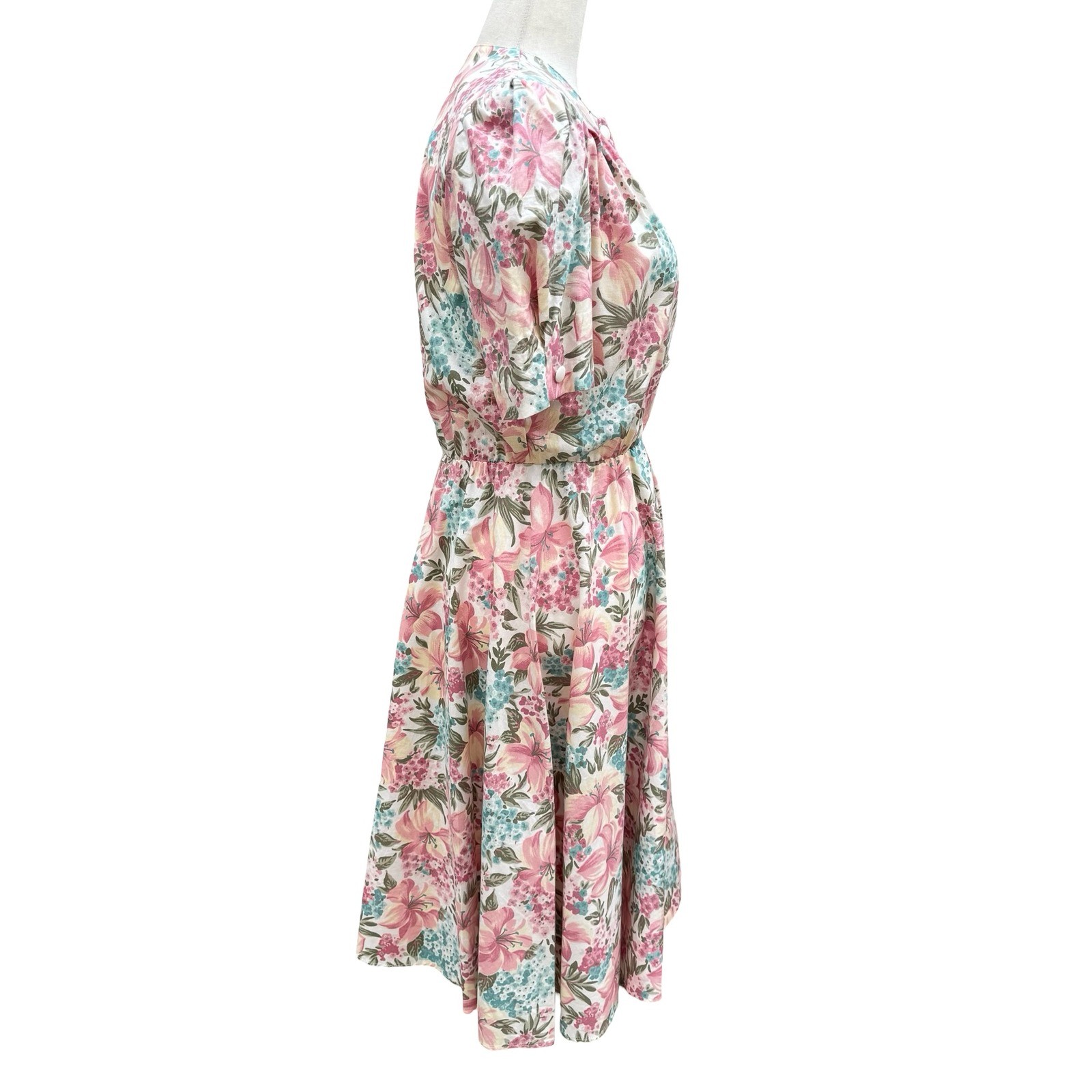 California Looks Vintage 80s Floral Midi Dress Pink Blue Cotton Petite 6P USA