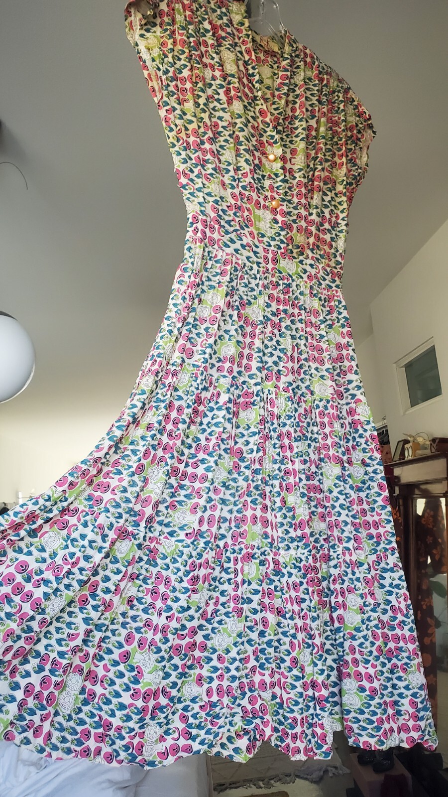 Vintage 40s R & K KNITS Rayon Pink Teal Floral Dress Tiered Ruching ART DECO XS
