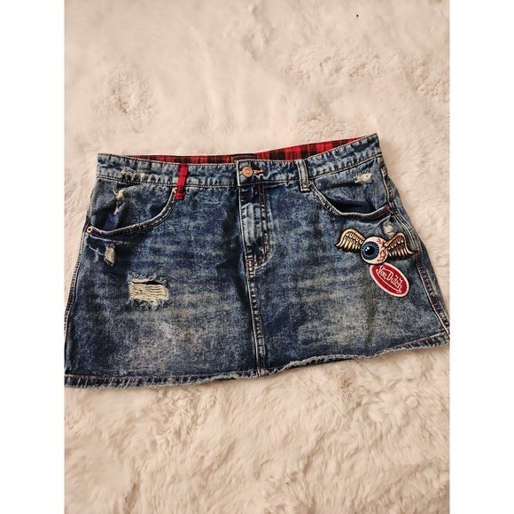 Von Dutch Originals Denim Mini Skirt Plaid Trim Flying Eyeball Patch Sz L Y2K