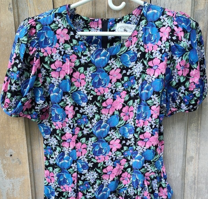 Vintage 1980s Blue and Pink Floral Drip Waist Ruffle Dress Size 11/12