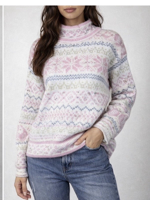 Vintage Snowflake Pastel Fair Isle Fuzzy Knit 80s Retro Winter Ski Sweater Sz M