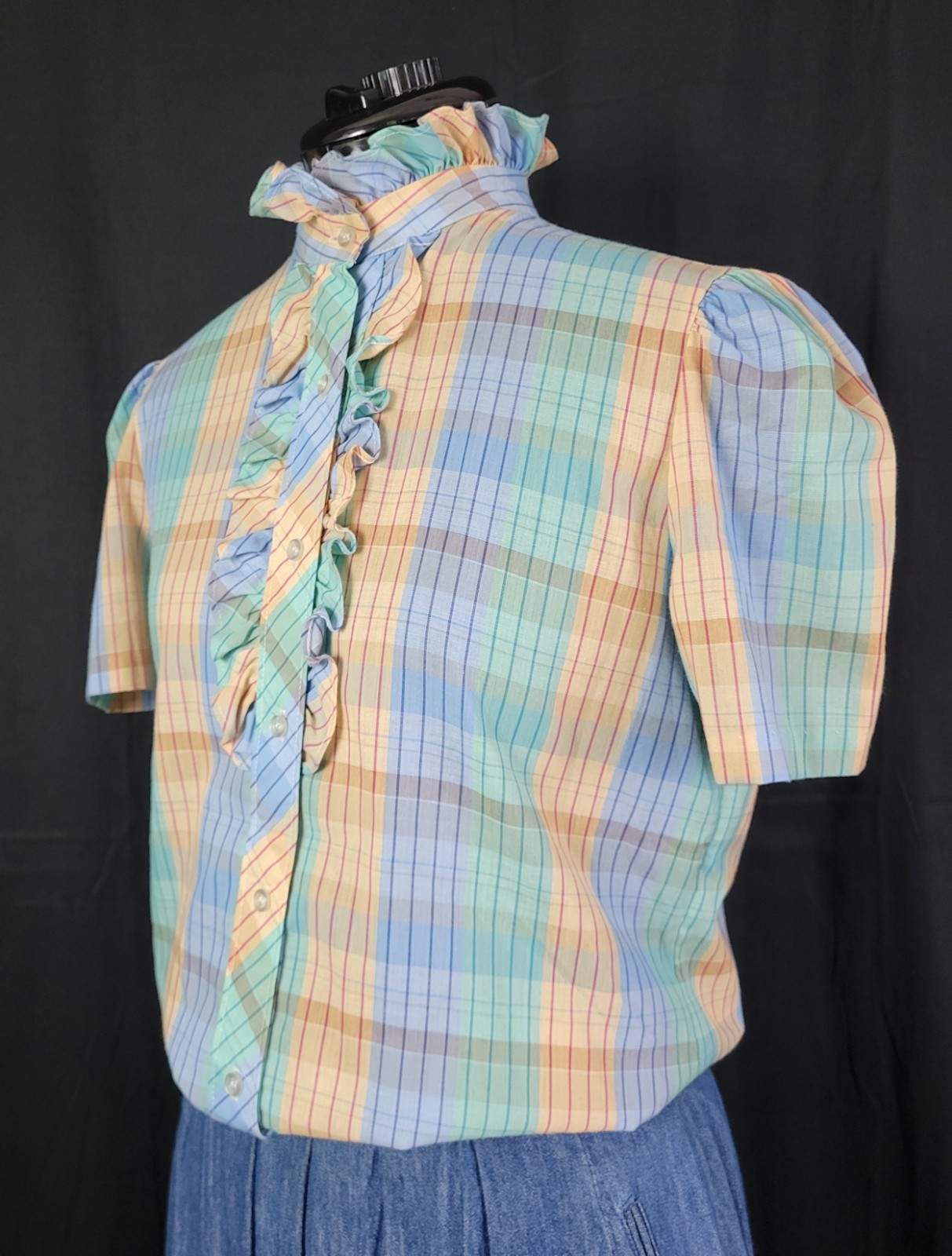 Vtg Lucky Winner Peach/Mint/Blue Plaid Top w Ruffled Collar Size 11/12