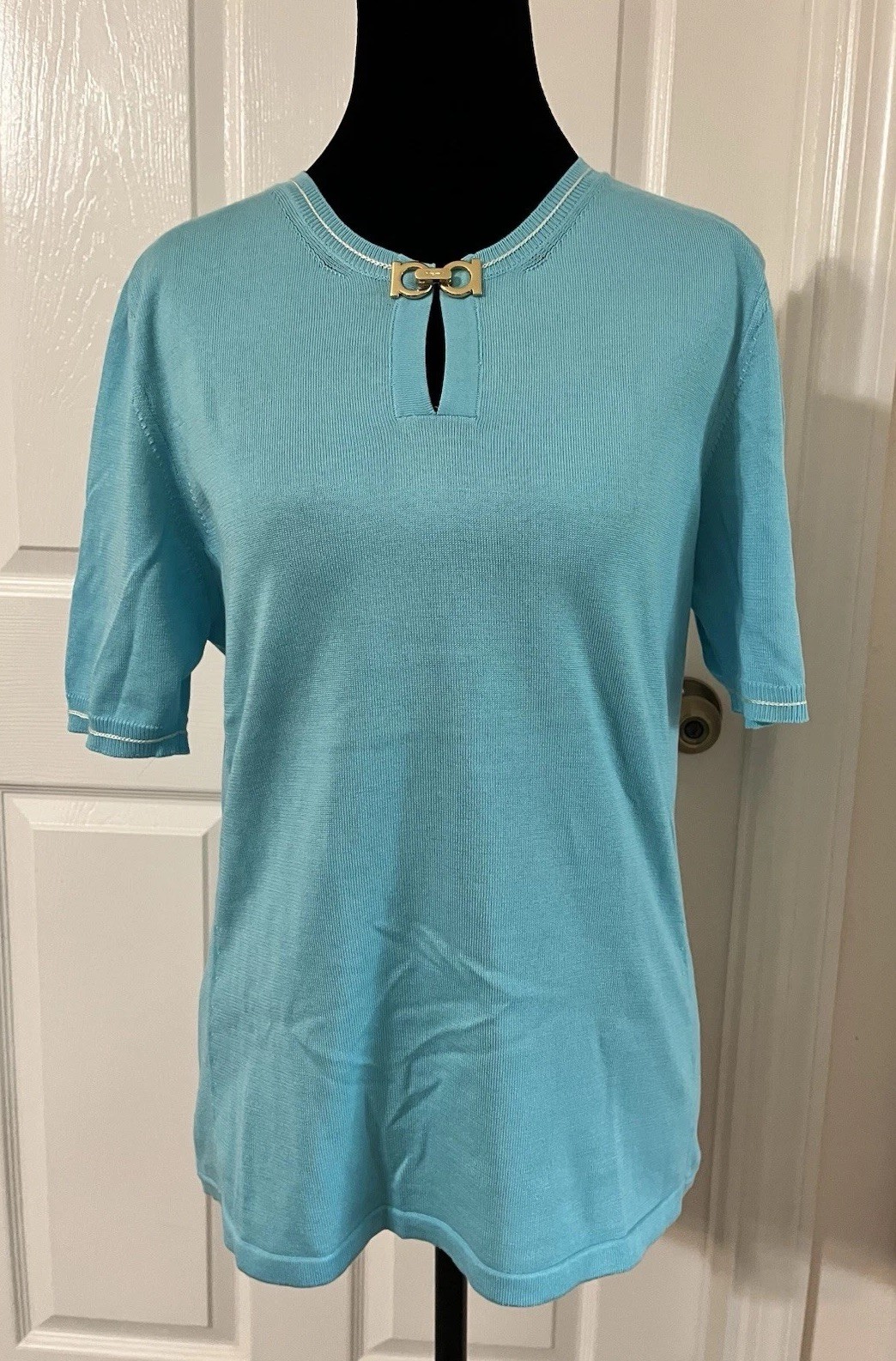 Vintage FERRAGAMO Light Blue Top with Gold Buckle Closure, Size L, Made In Italy