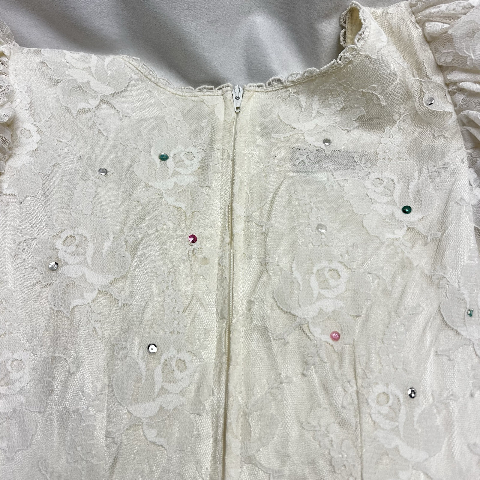 Vtg Susan Lanes Country Elegance Ivory Lace Event Dress 10 Sequin Accents 70’s