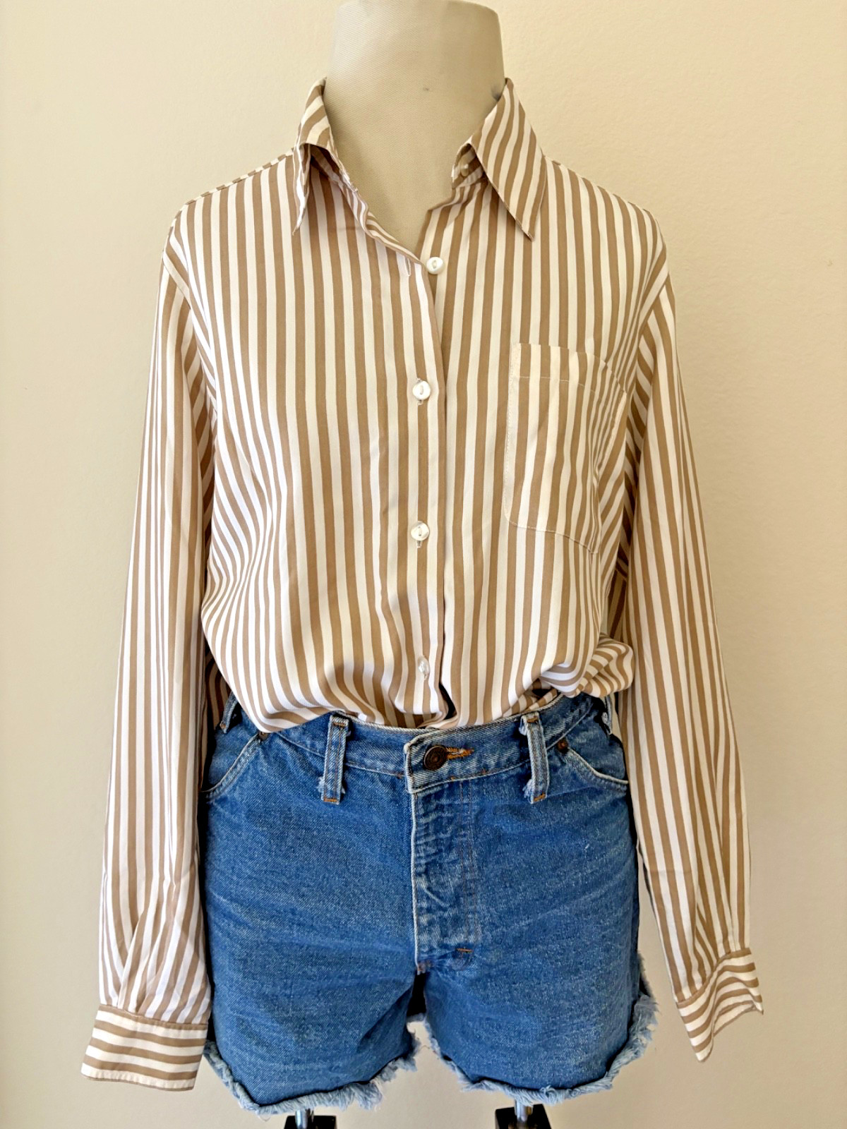 Vintage 1990s Silk Nude Striped Button Down Blouse M Sleek Minimalist Polished