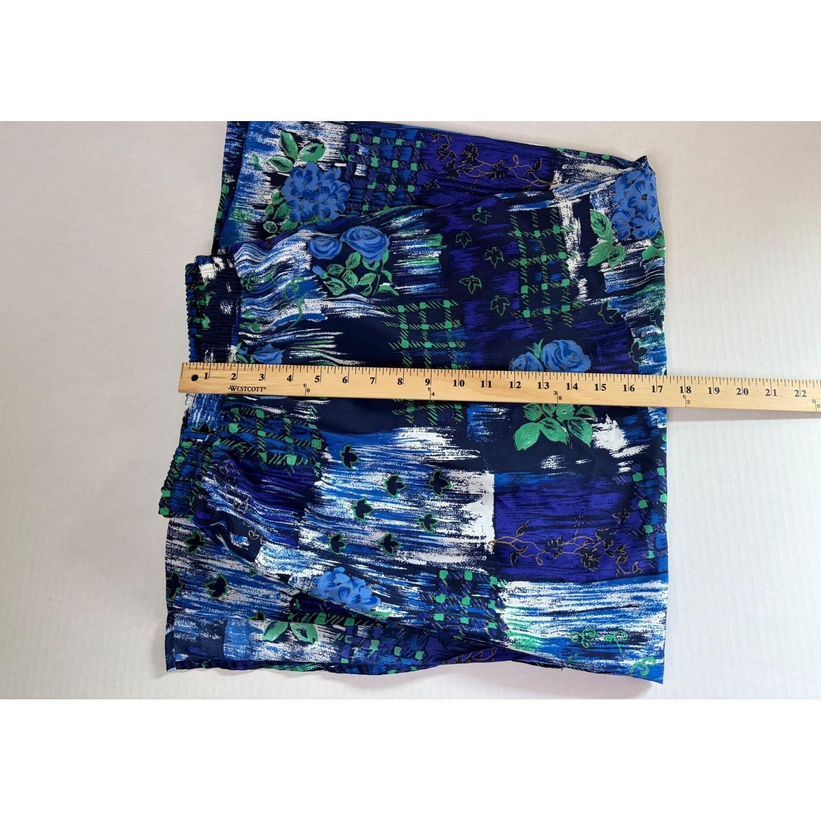Kensington Square Vintage Blue Green Floral Abstract Midi Skirt Elastic Waist