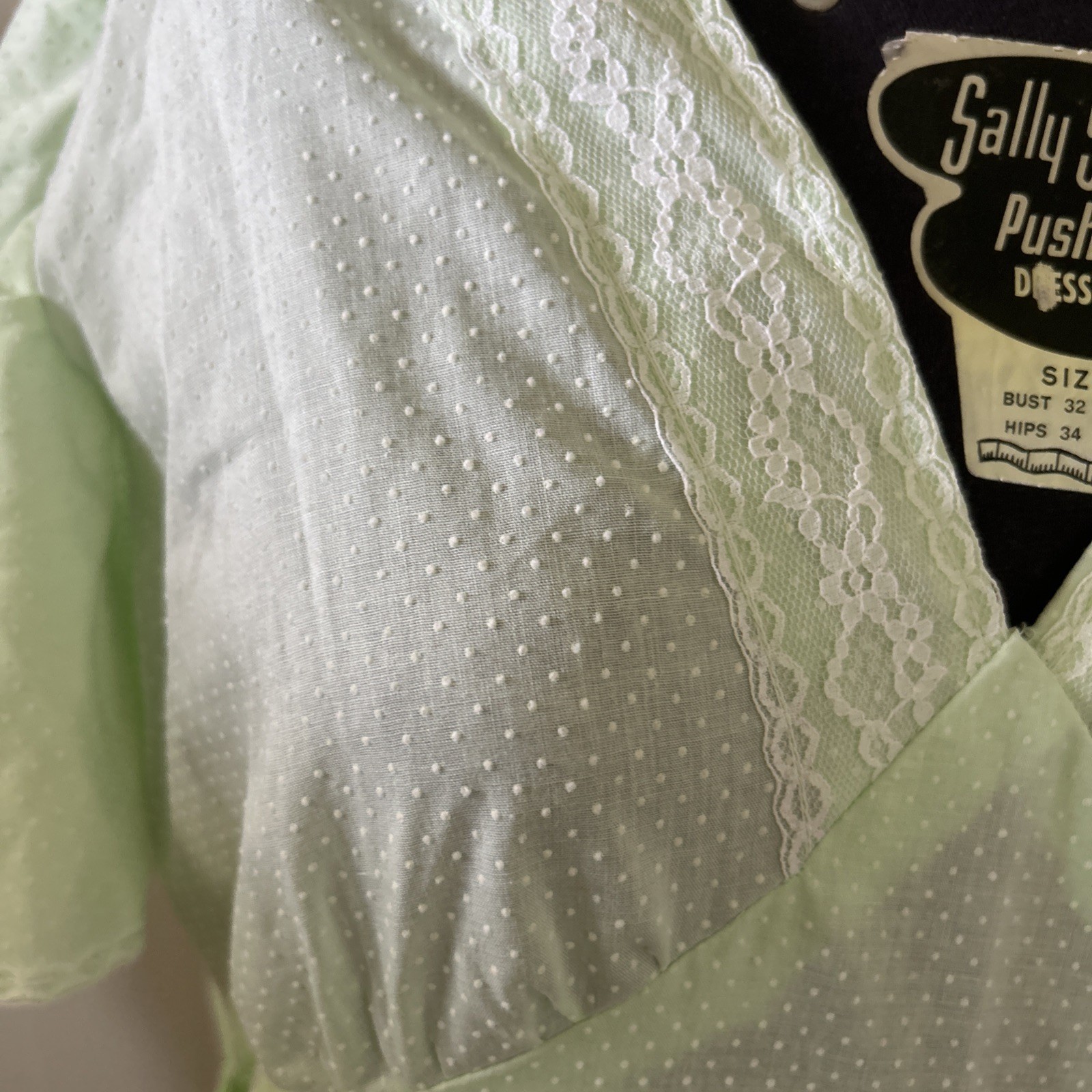 Vintage 1970’s Mint Green Dotted Swiss Handmade Prairie Style Dress