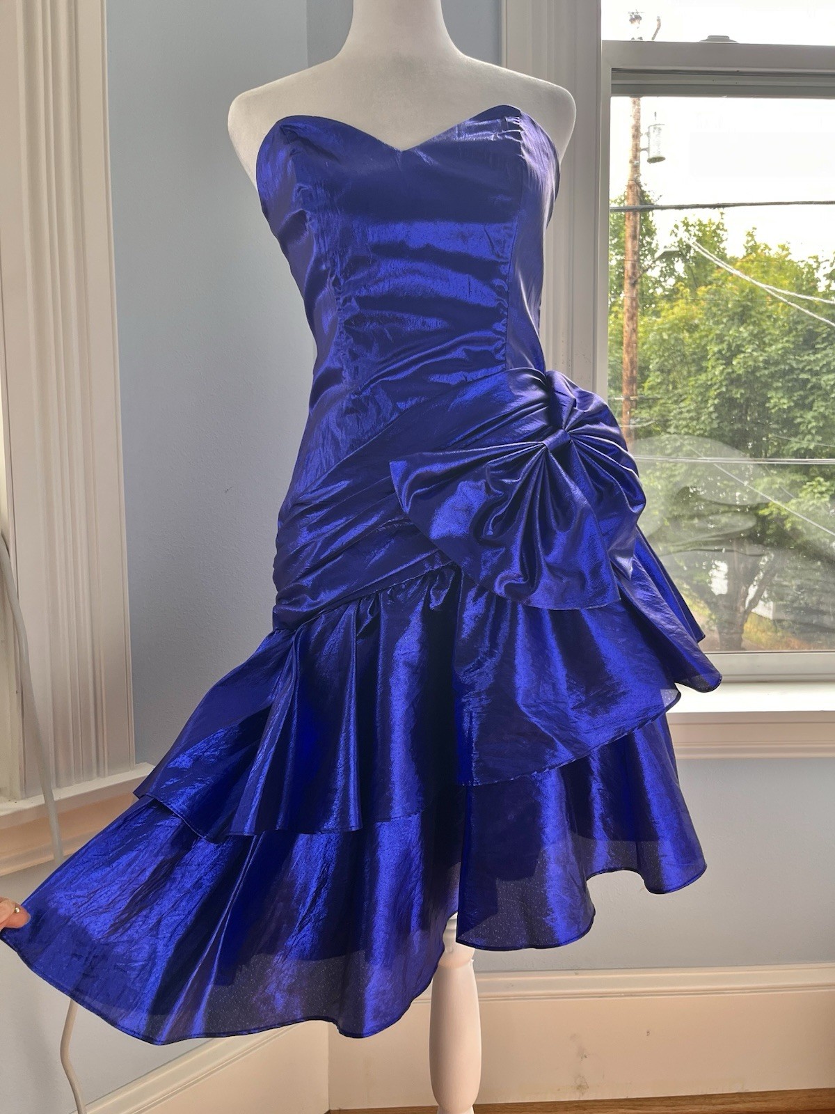 Vtg 80s Zum Zum Metallic Blue Strapless Prom Dress Drop Bow Electric Punk Fits 4
