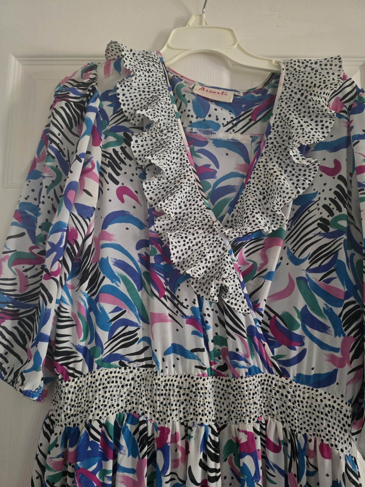 Vtg 1980 Assorti Susan Freis Size S Maxi Dress Multicolor Ruffle Smocked V Neck