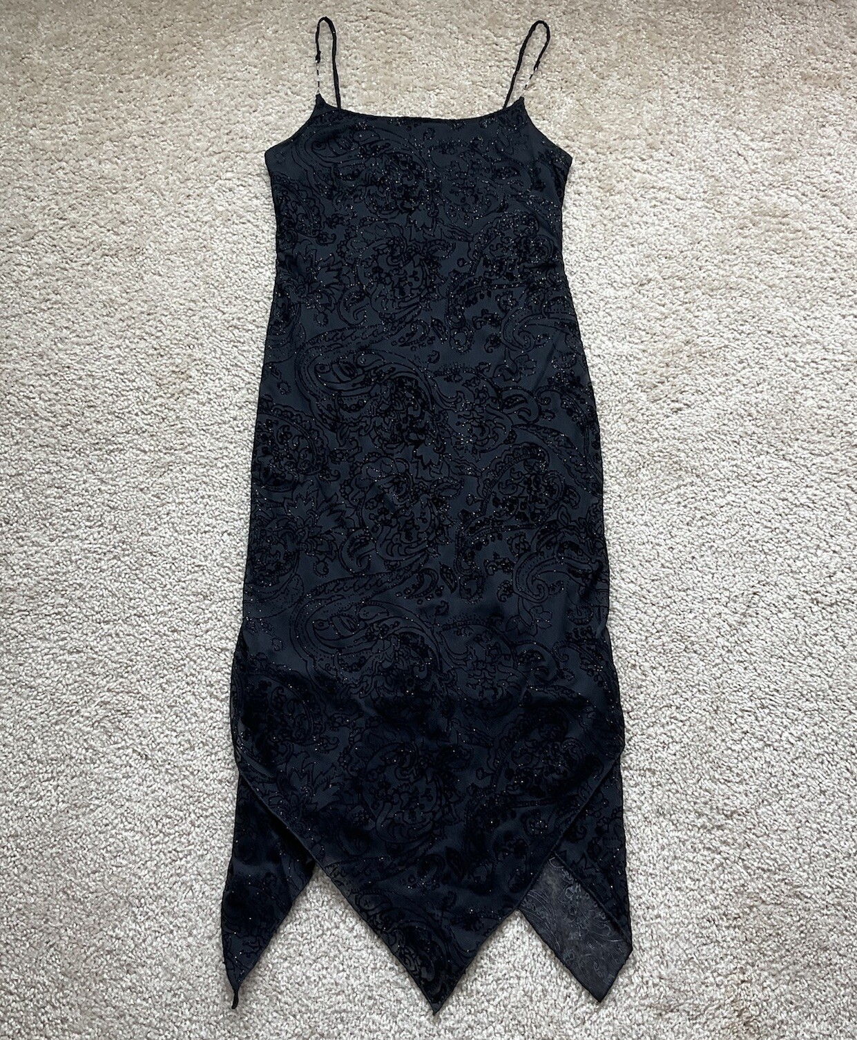 Vtg Black Glitter Sparkle Beaded Strap Formal Dress SZ Large Witchy Romantic USA