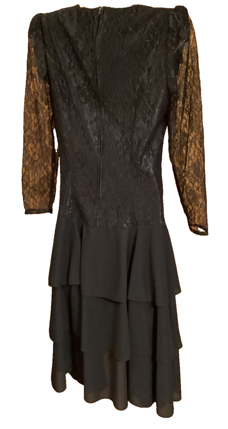 Vintage T&F Black Lace Women’s Dress Layered Skirt Calf Length Padded Shoulders
