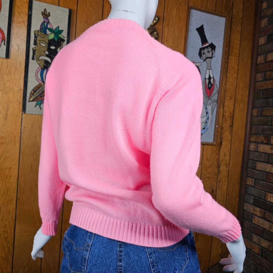 Vtg 60s Bubblegum Pink Grannycore Mod Pointelle Cable Knit Cardigan Sweater S/M