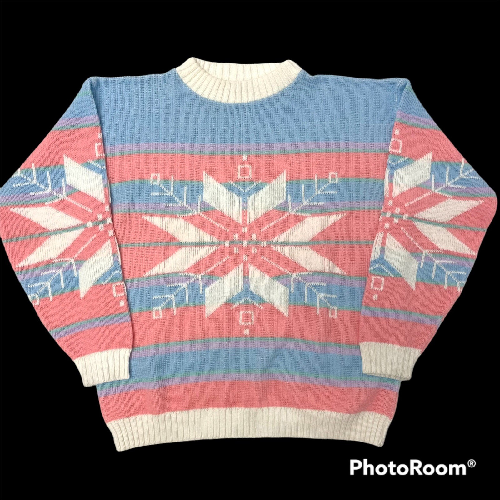 NEW NOS Vtg 80’s FAIRY Kei Sweater Pastel Rose KNIT White Winter SNOWFLAKE Shirt