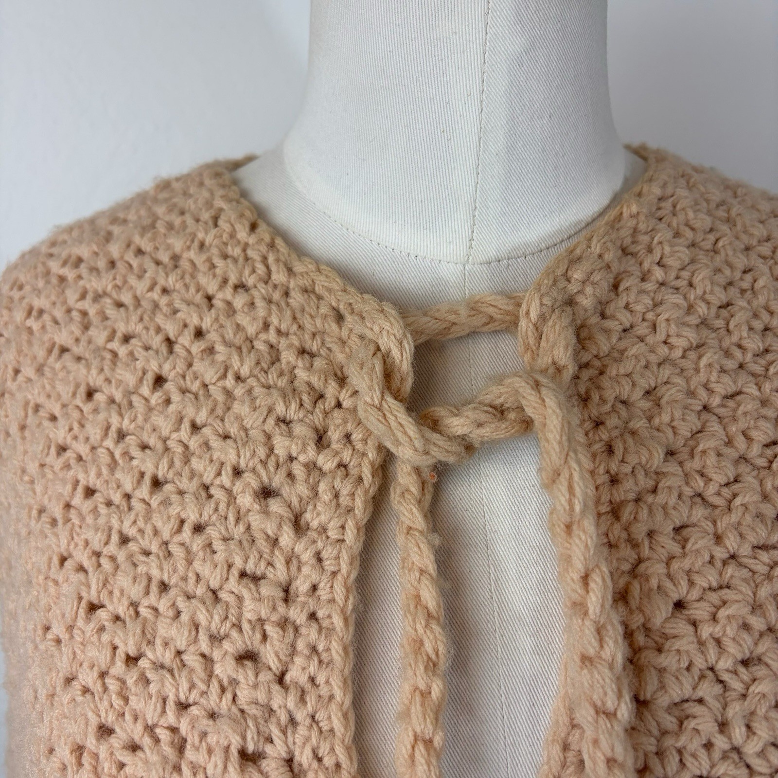 60’s 70’s Knit Crotchet Poncho Yellow Cream Fringe Boho Homemade Handmade
