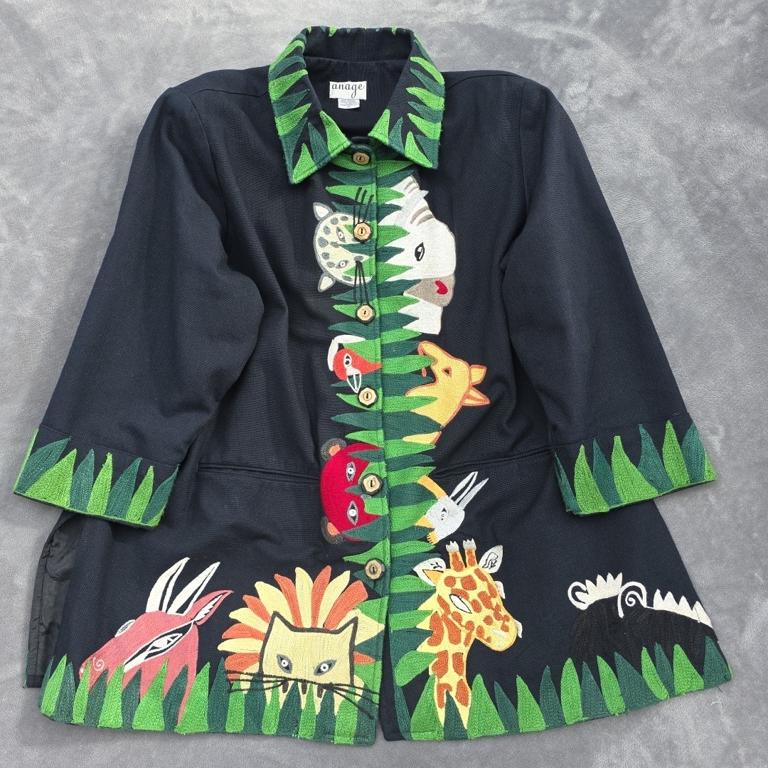 Vintage Anage Jacket Women Sz XL Jungle Animals Black Embroidered Applique Lined